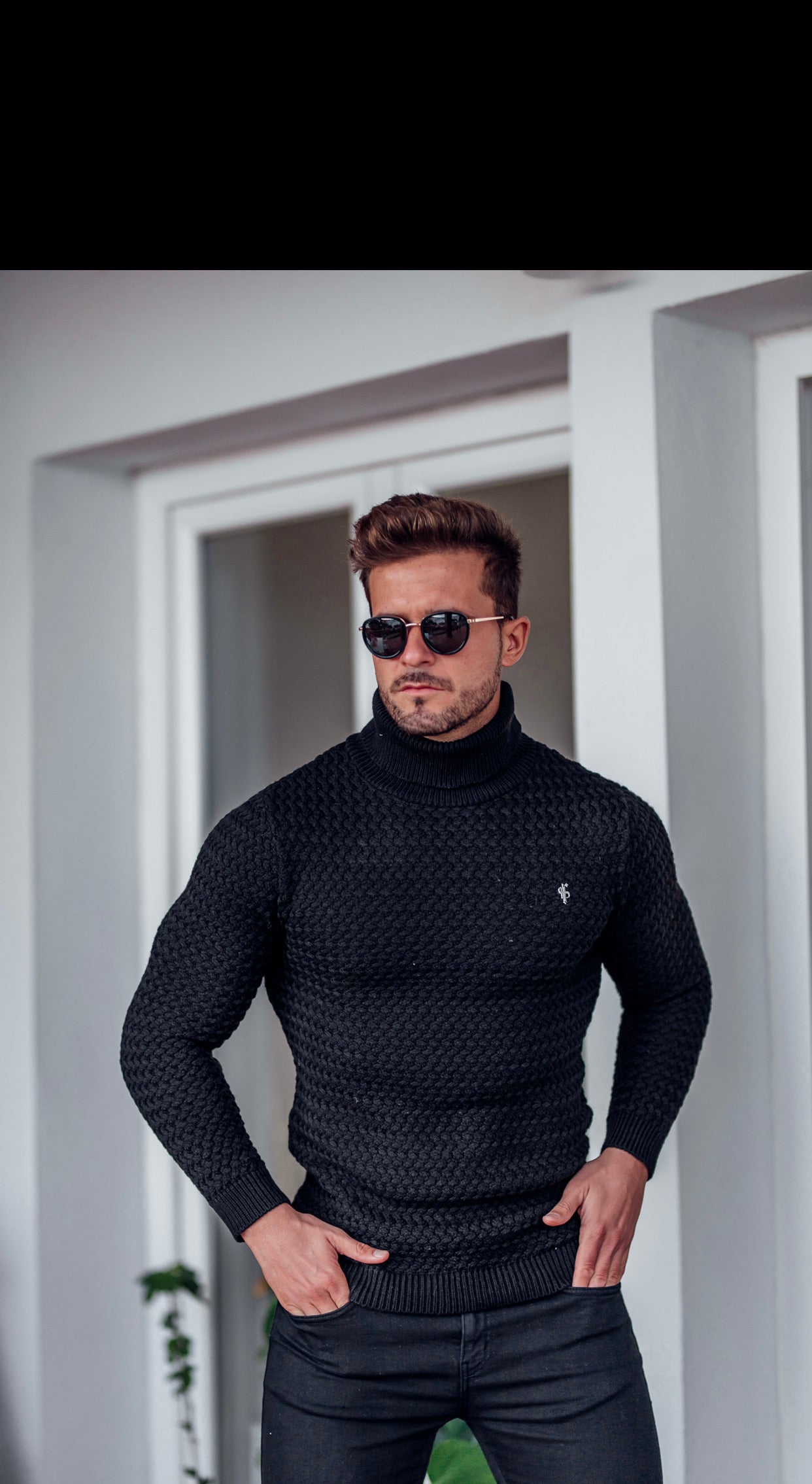 Black Knitted Roll Neck Weave Super Slim Jumper With Metal Decal - FSJ024