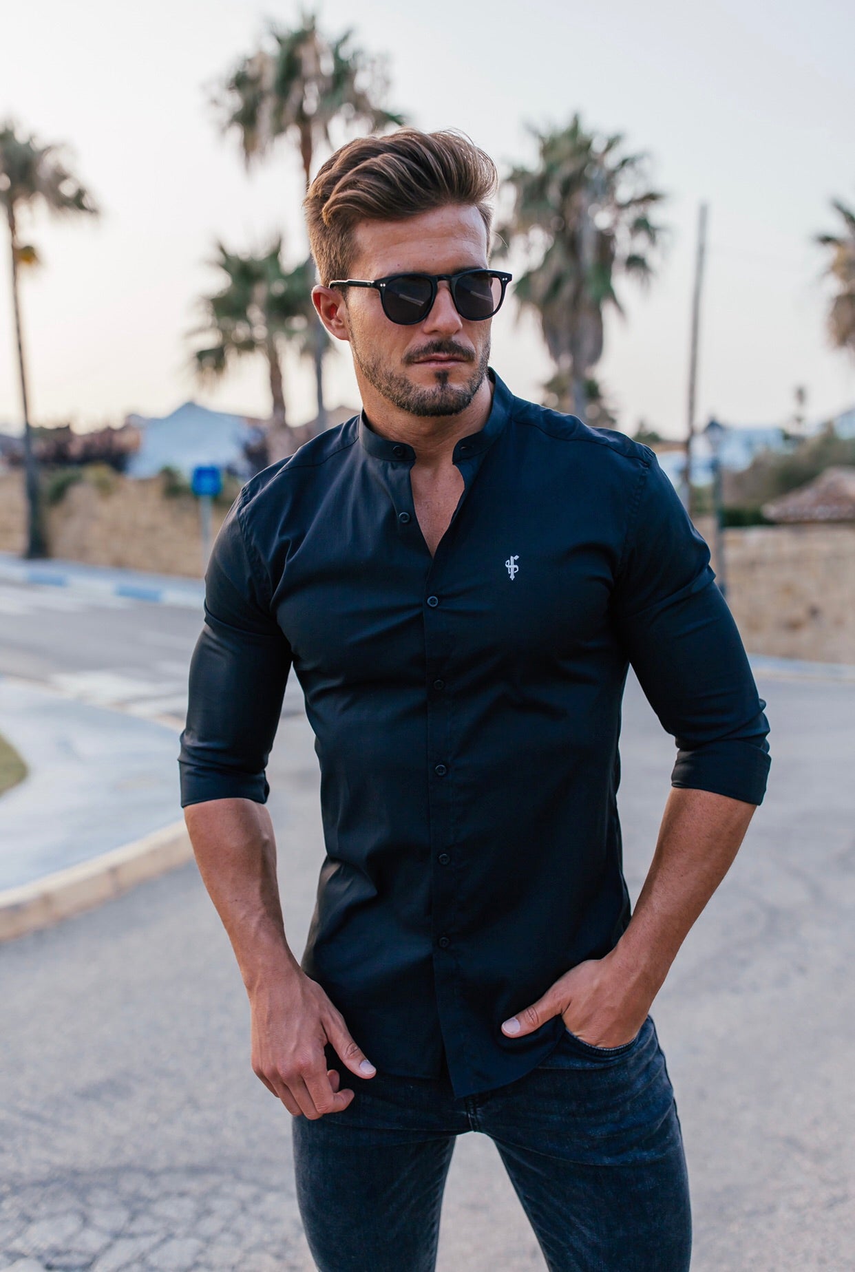 Super Slim Stretch Classic Black Grandad Collar - FS171