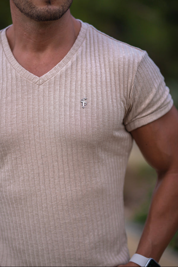 Father Sons Classic Beige / Gunmetal V Neck Ribbed Crew - FSH439