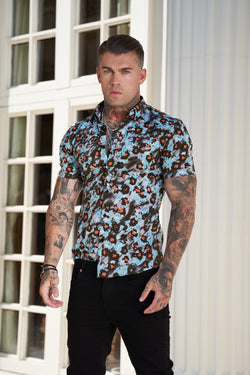 Father Sons Super Slim Stretch Multi Colour Abstract Leopard Print Short Sleeve with Button Down Collar - FS790