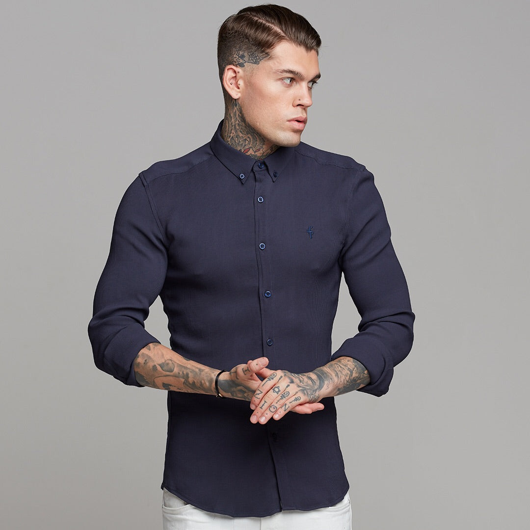 Super Slim Stretch Ribbed Navy Long Sleeve - FS443