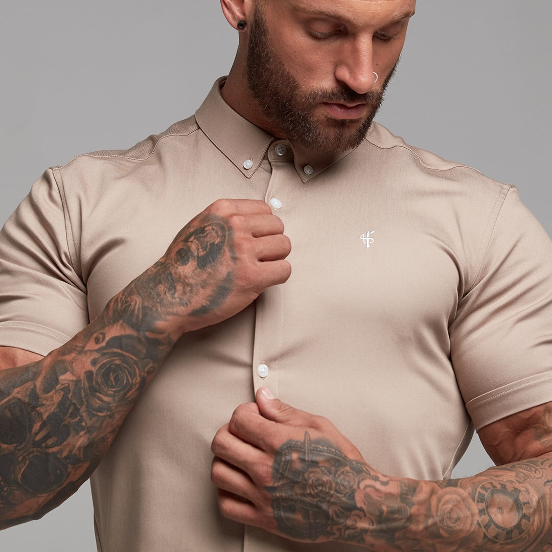 Super Slim Stretch Beige Denim Short Sleeve - FS344