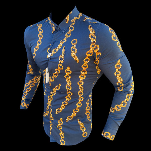Father Sons Super Slim Stretch Airforce Blue / Gold Chain Print Long Sleeve with Button Down Collar - FS859