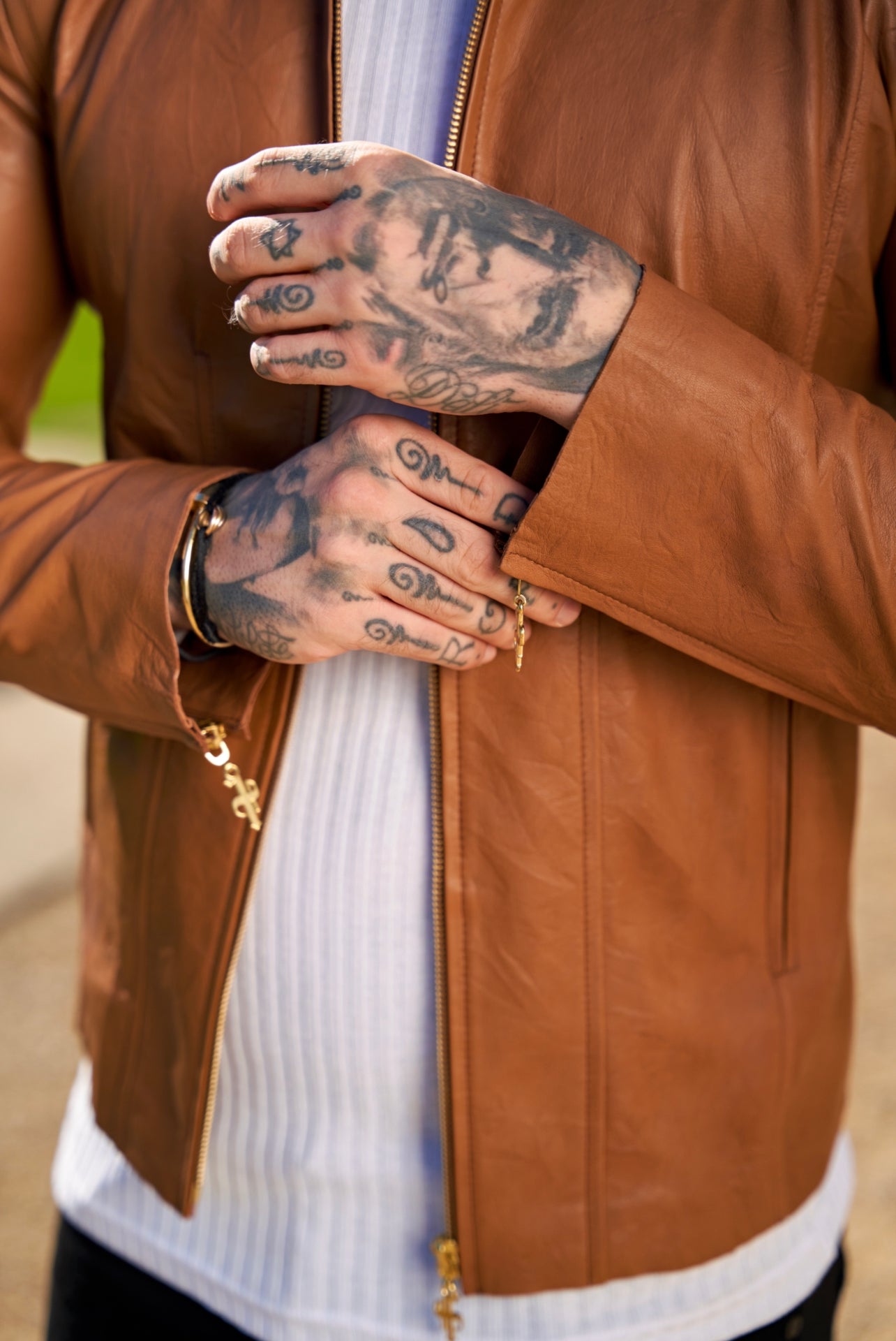 Tan Lambs Leather Jacket with Gold Zips - FSH793