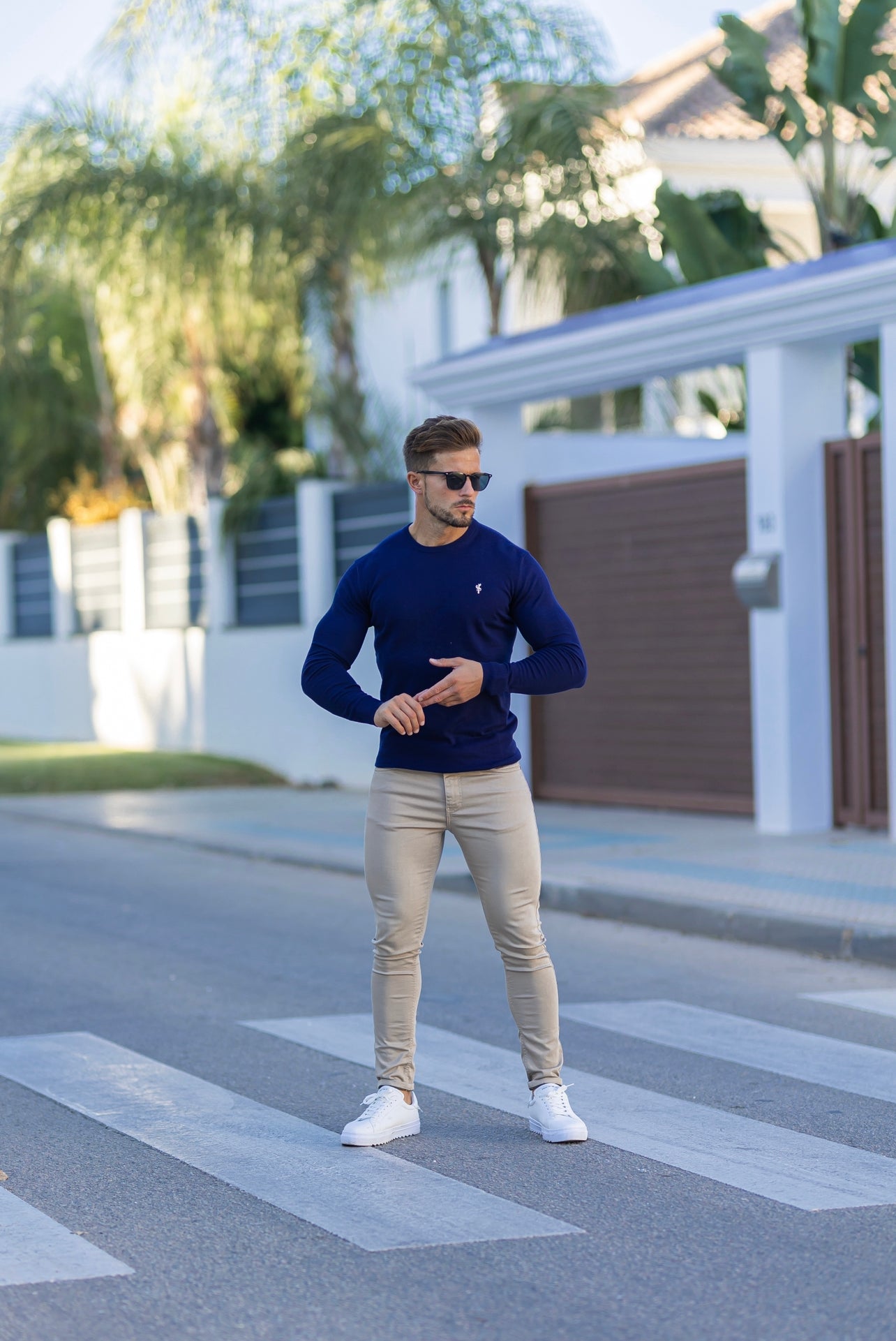 Classic Navy Crew Neck Knitted Jumper with Yellow Embroidery - FSN089