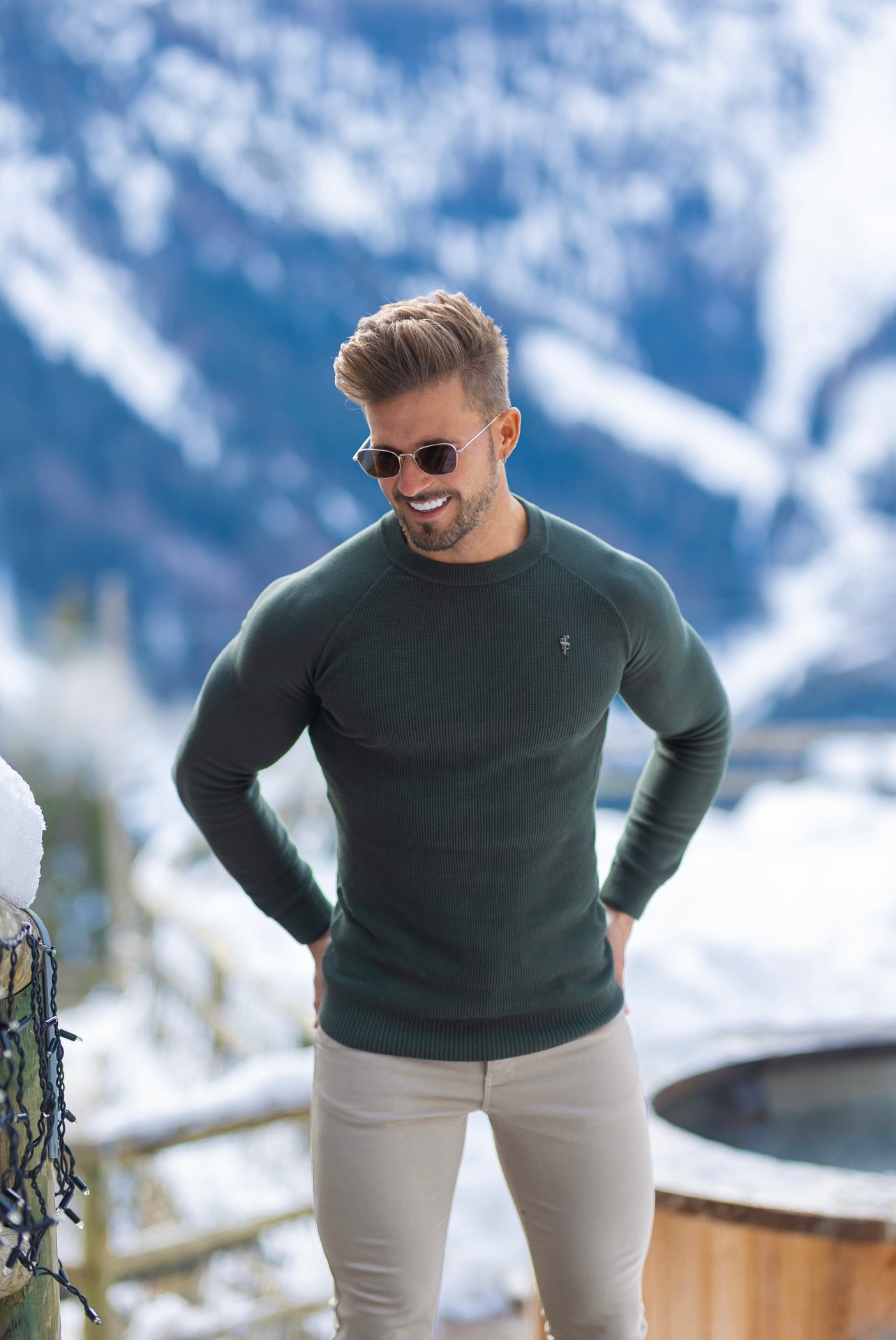 Khaki Knitted Honeycomb Raglan Crew Super Slim Jumper With Metal Decal - FSN064