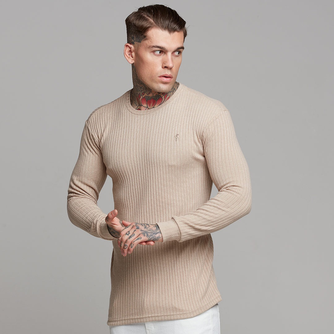 Classic Beige Long Sleeve Ribbed Knit Super Slim Crew - FSH293