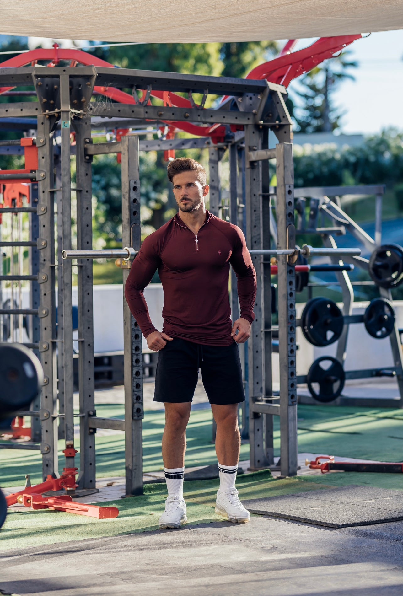 Long Sleeve Burgundy Half Zip Gym Top - FSH733