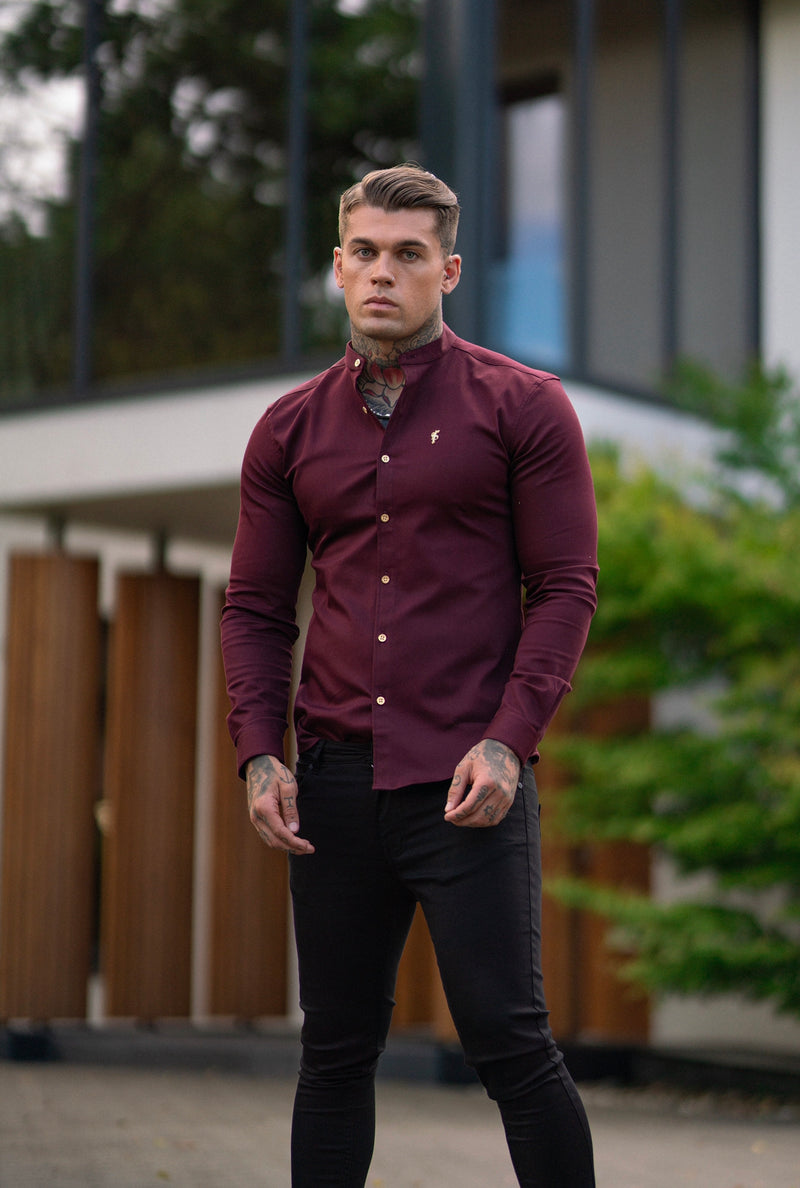 Father Sons Super Slim Stretch Burgundy Denim Long Sleeve Grandad collar with Metal Buttons and Decal Emblem - FS721