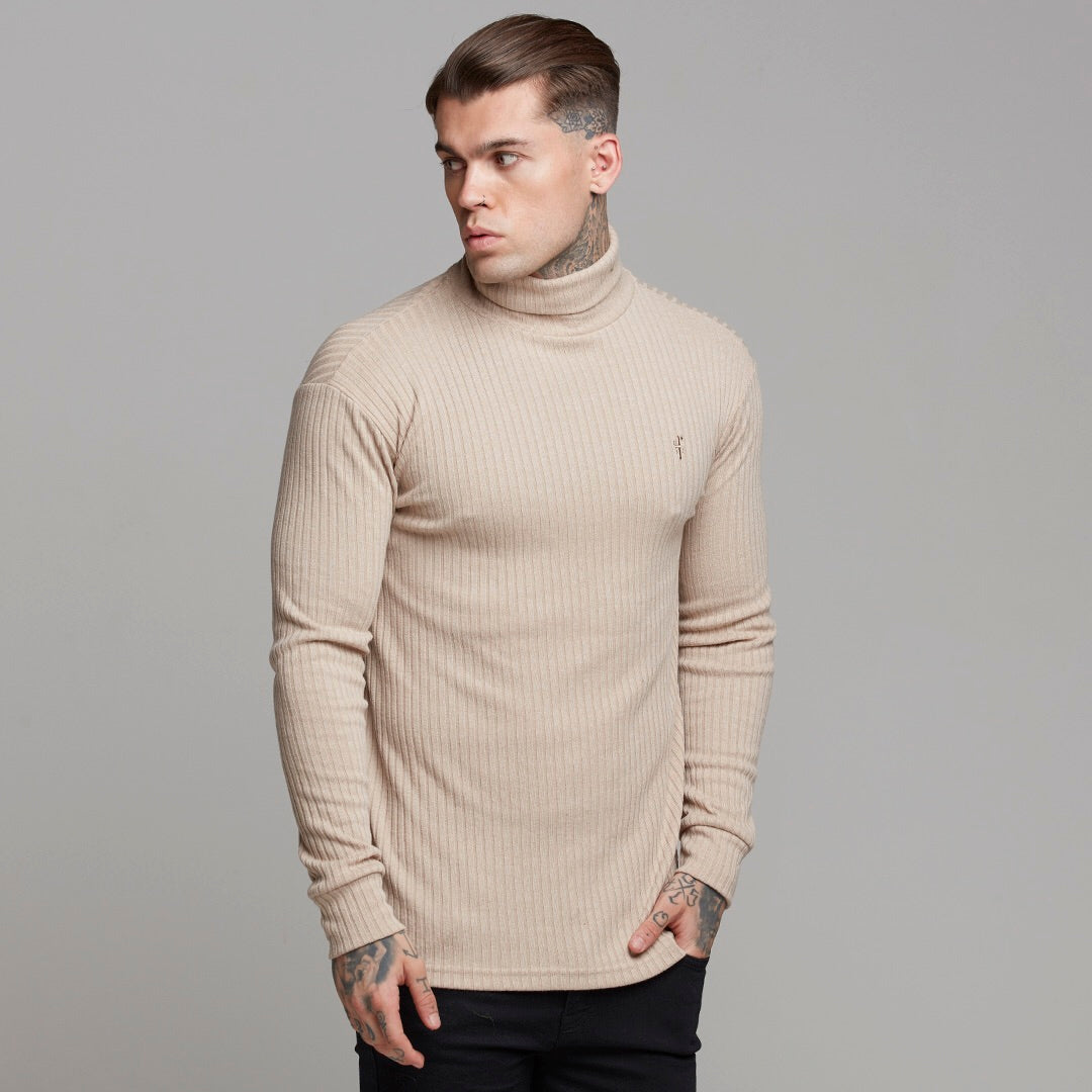 Classic Beige Ribbed Knit Roll-neck Jumper - FSH292