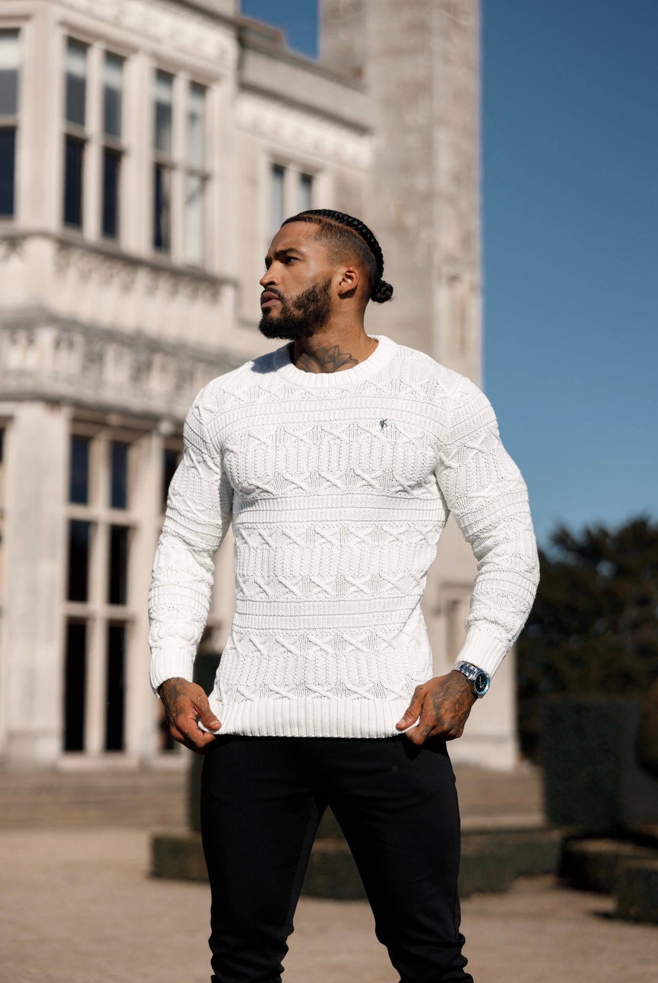 Off White Knitted Cable Link Crew Super Slim Jumper With Metal Decal - FSN070