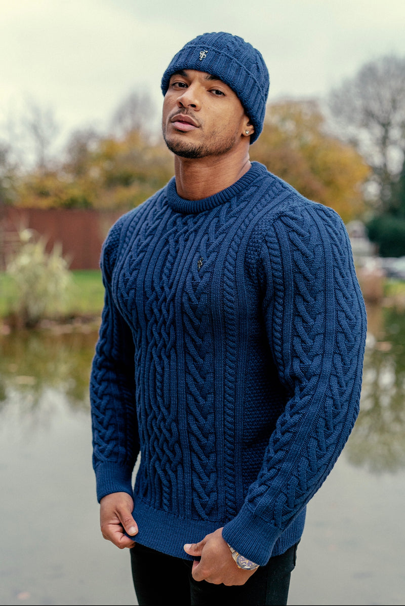 Father Sons Sky Blue Knitted Cable Saddle Crew Super Slim Jumper With
