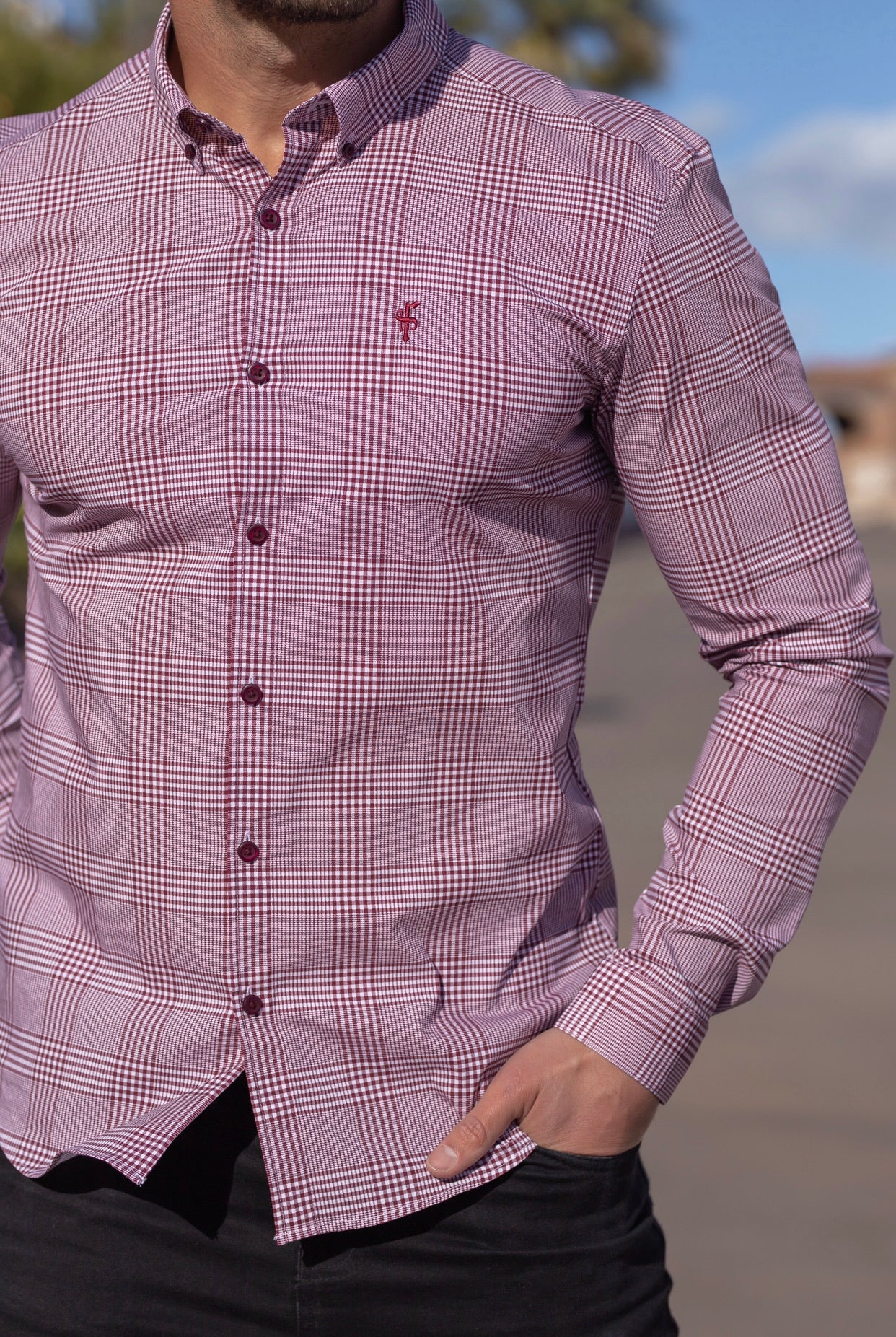 Super Slim Stretch Prince Of Wales White and Burgundy Print Check Long Sleeve - FS752