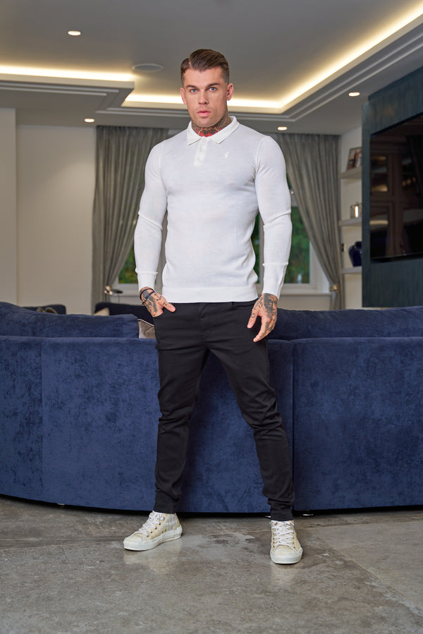 Father Sons Classic White Merino Wool Knitted Polo Jumper Long Sleeve With FS Embroidery- FSN020