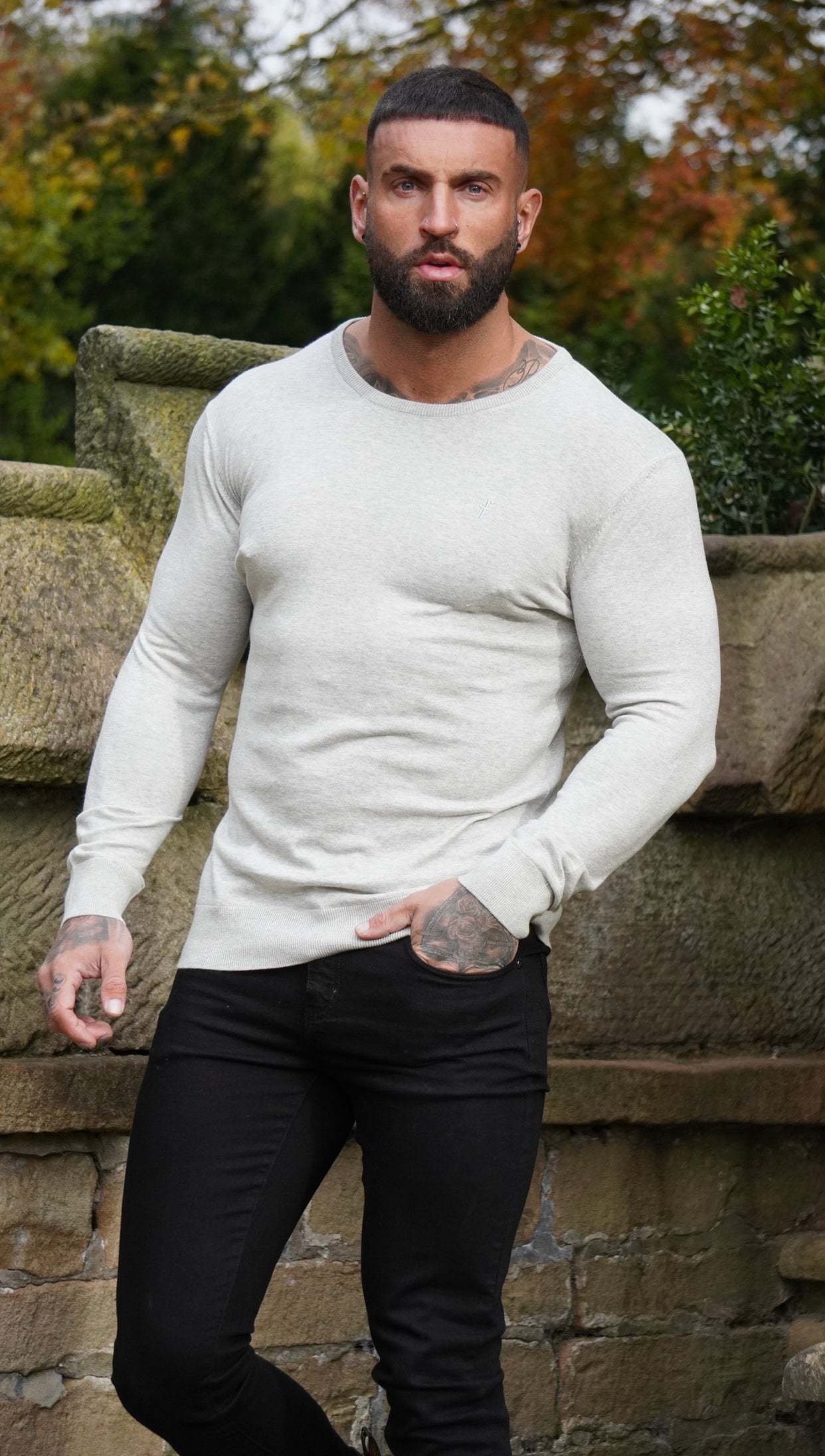 Classic Light Grey Marl Crew Neck Knitted Jumper with Tonal Emblem - FSH674
