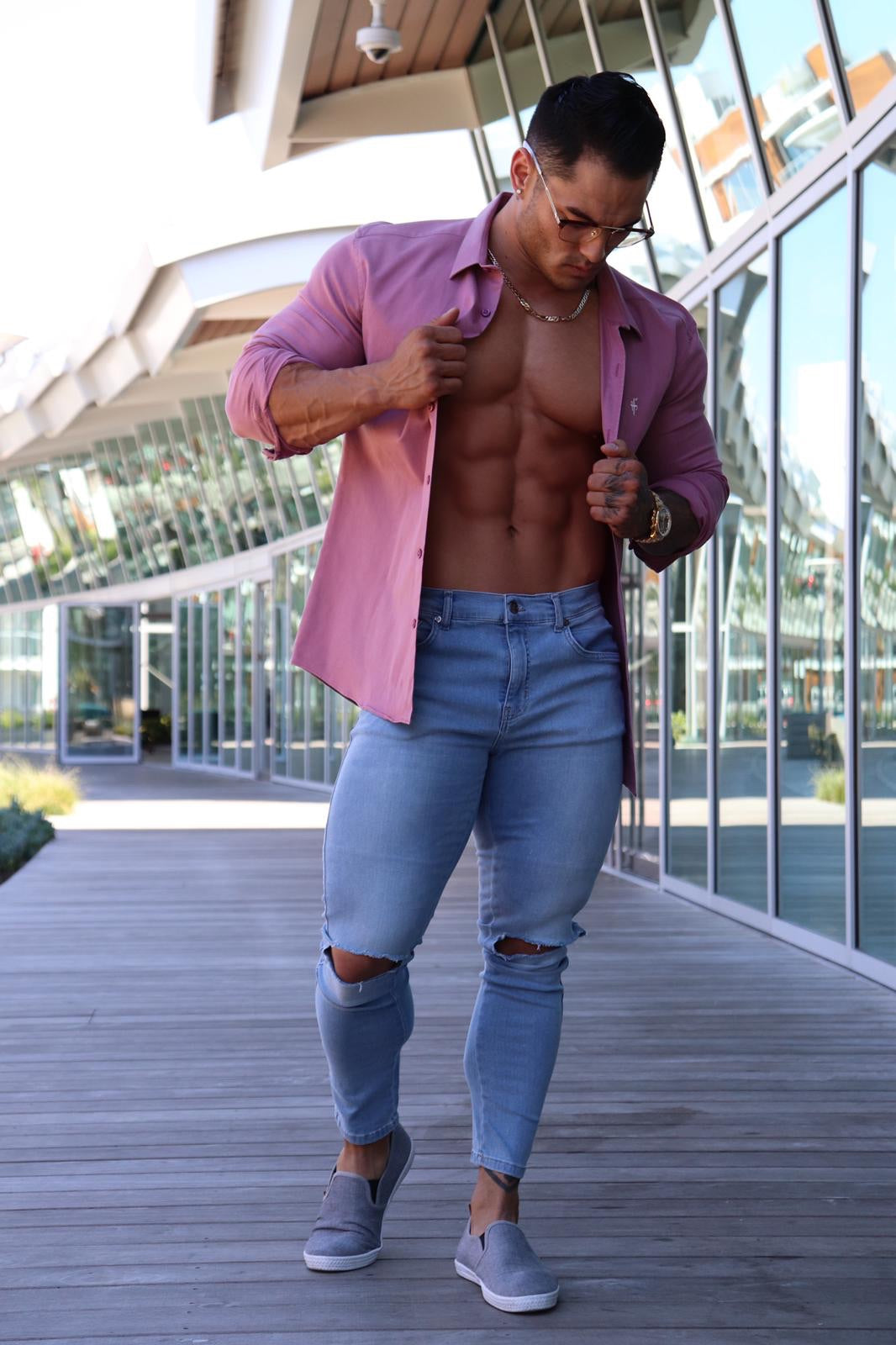 Ripped Slim Stretch Light Blue Jeans - FSH103