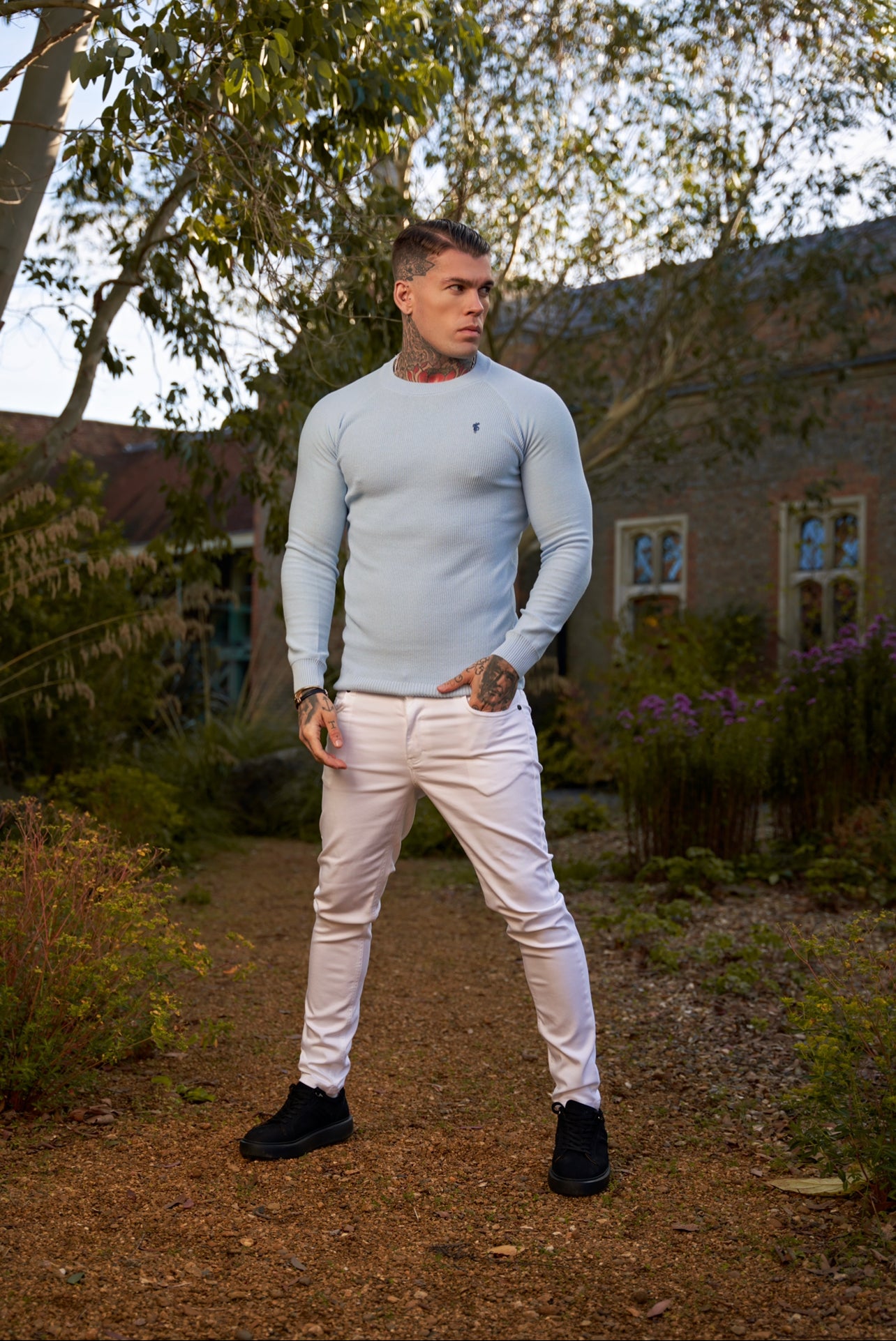 Sky Blue Knitted Honeycomb Raglan Crew Super Slim Jumper With Metal Decal - FSN067