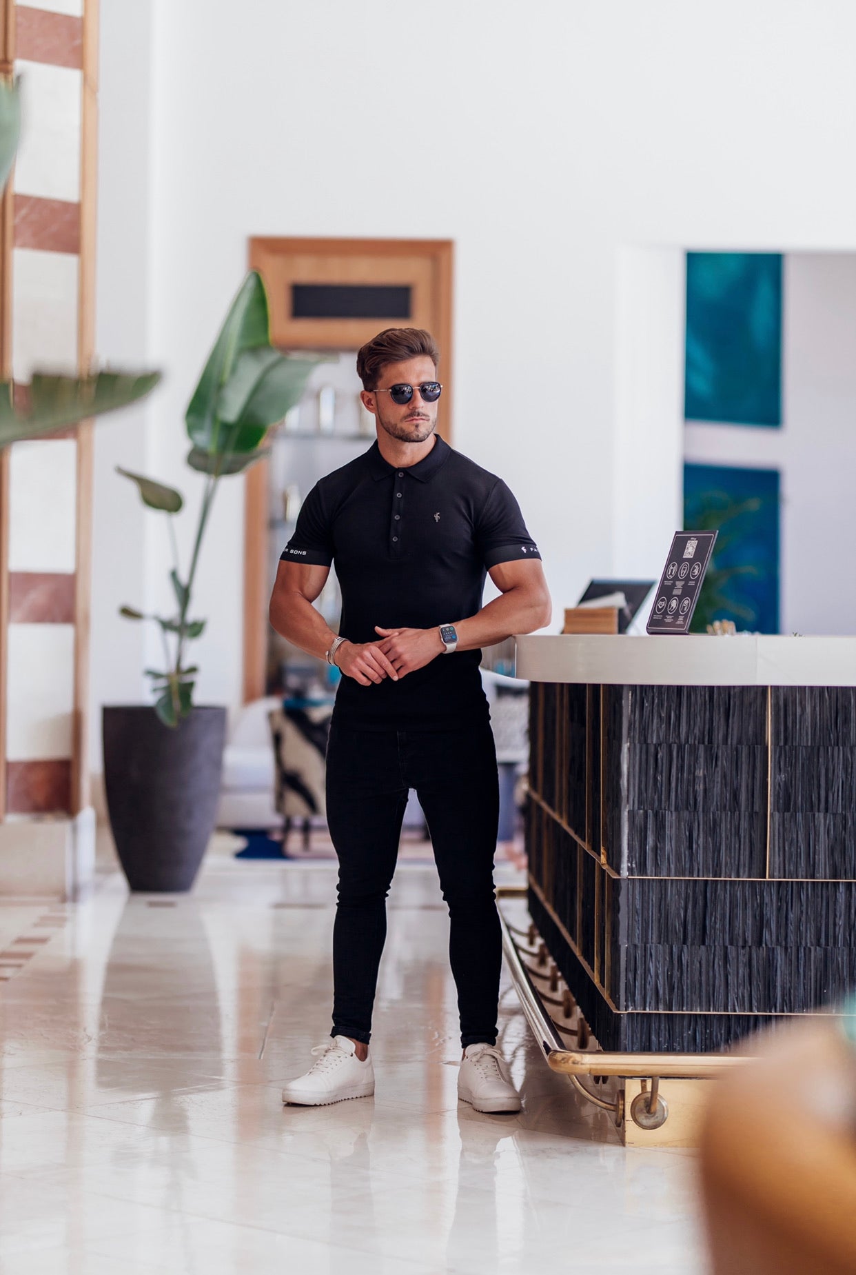 Classic Black Polo with FS Elastic Sleeve Branding and Black Metal Emblem - FSH631