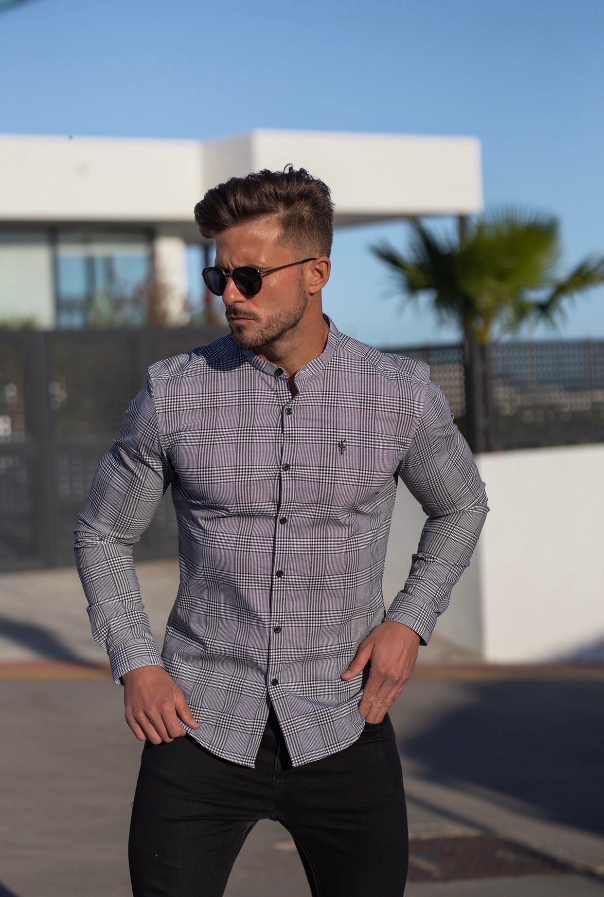 Super Slim Stretch Prince Of Wales White and Black Print Check Long Sleeve with Grandad Collar- FS746