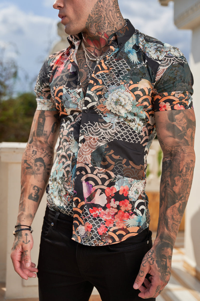 Father Sons Super Slim Stretch Multi Oriental Print Short Sleeve with Button Down Collar - FS766