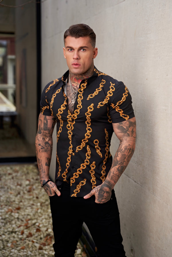 Father Sons Super Slim Stretch Black / Gold Chain Print Short Sleeve with Button Down Collar - FS857