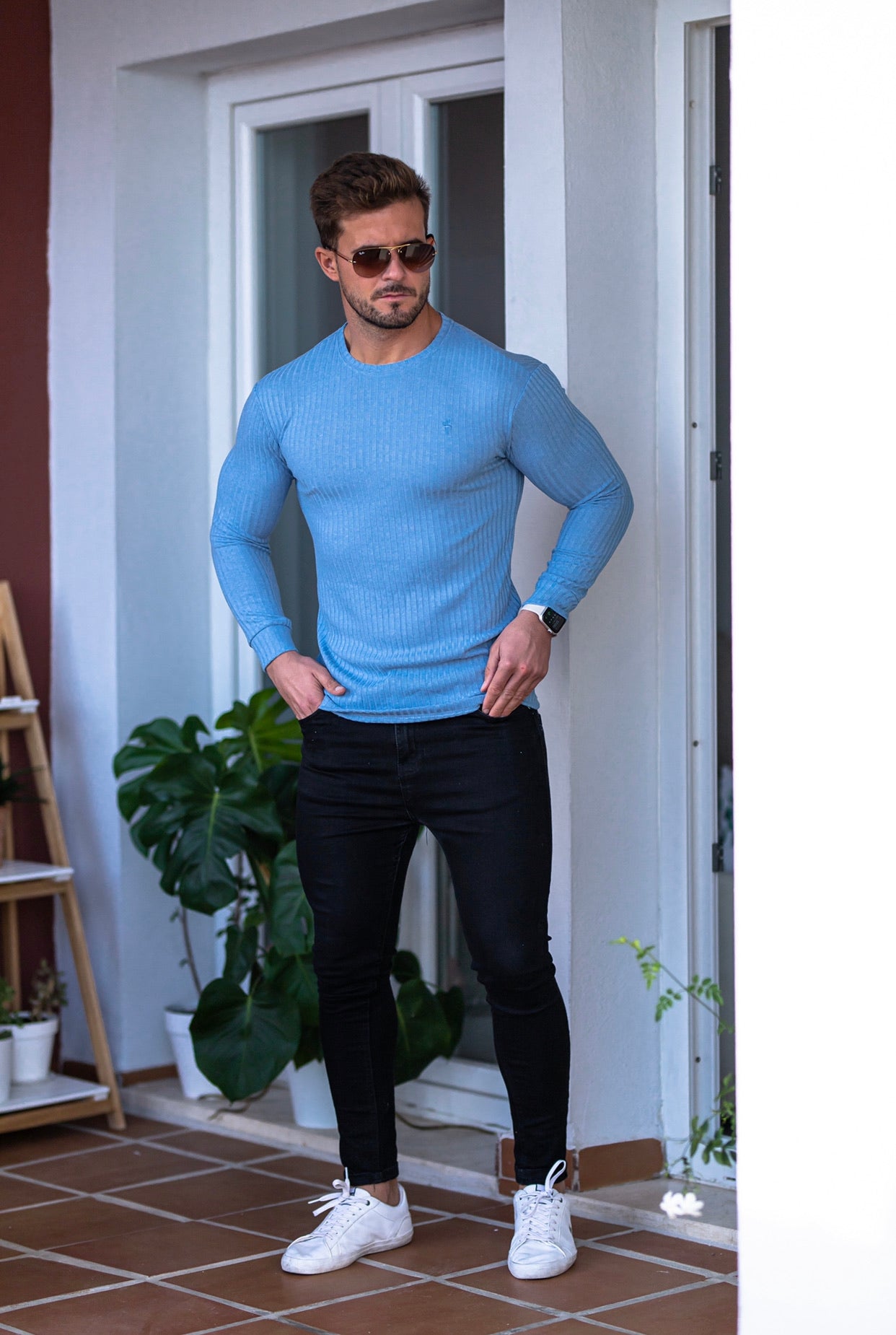 Classic Baby Blue Ribbed Knit Jumper - FSH594