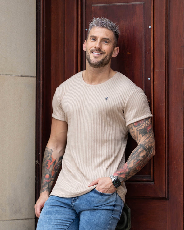 Father Sons Classic Beige / Navy Ribbed Knit Short Sleeve Super Slim Long Line Crew - FSH766