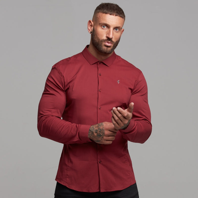 Father Sons Super Slim Stretch Classic Oxblood Panel Shirt (Grey embroidery) - FS318
