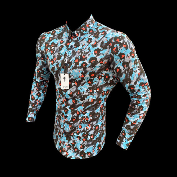Father Sons Super Slim Stretch Multi Colour Abstract Leopard Print Long Sleeve with Button Down Collar - FS796