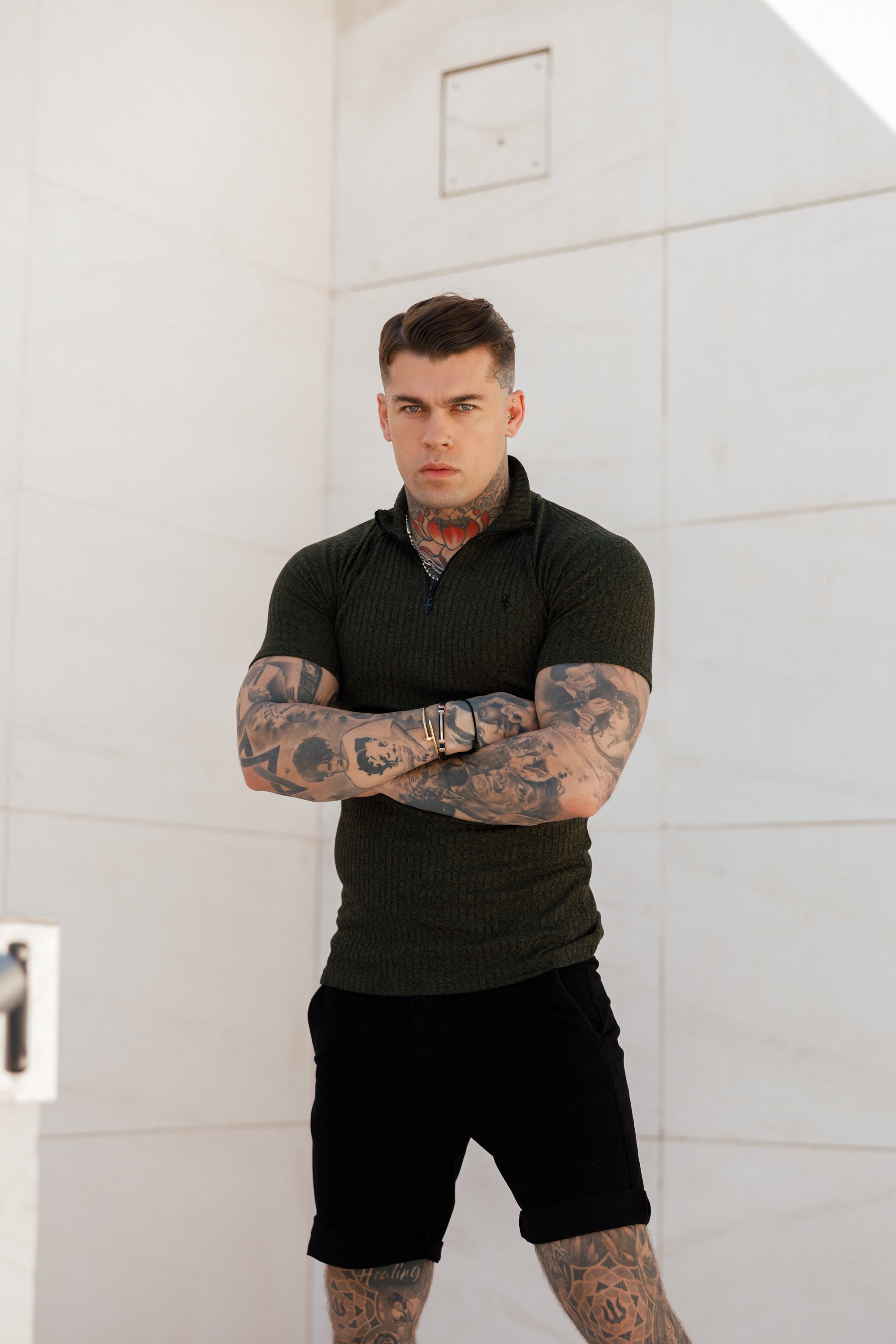 Classic Khaki Ribbed Zip Funnel Neck Raglan Short Sleeve Crew - FSH731