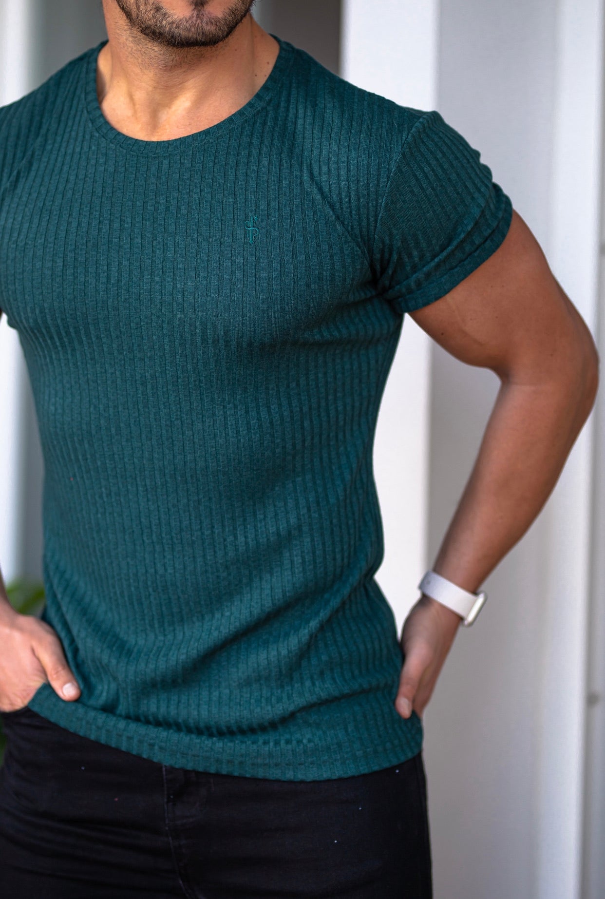 Classic Forest Green Ribbed Knit Super Slim Short Sleeve Crew - FSH612