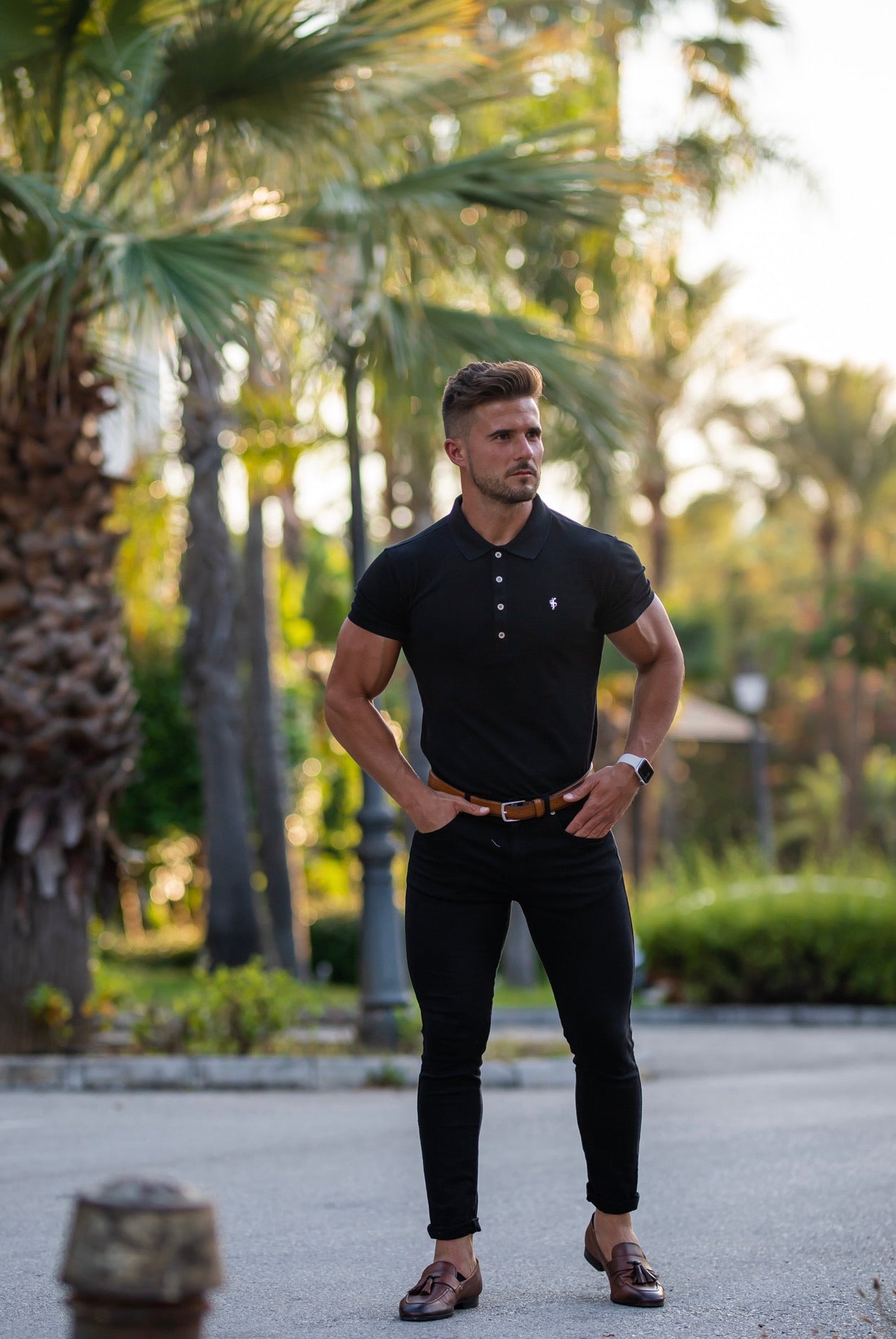 Classic Black Polo Shirt with Silver Metal Emblem Decal & Buttons - FSH459