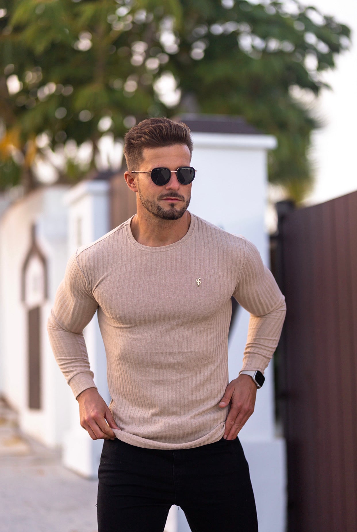 Classic Beige Ribbed Knit Jumper With Gold Emblem - FSH535
