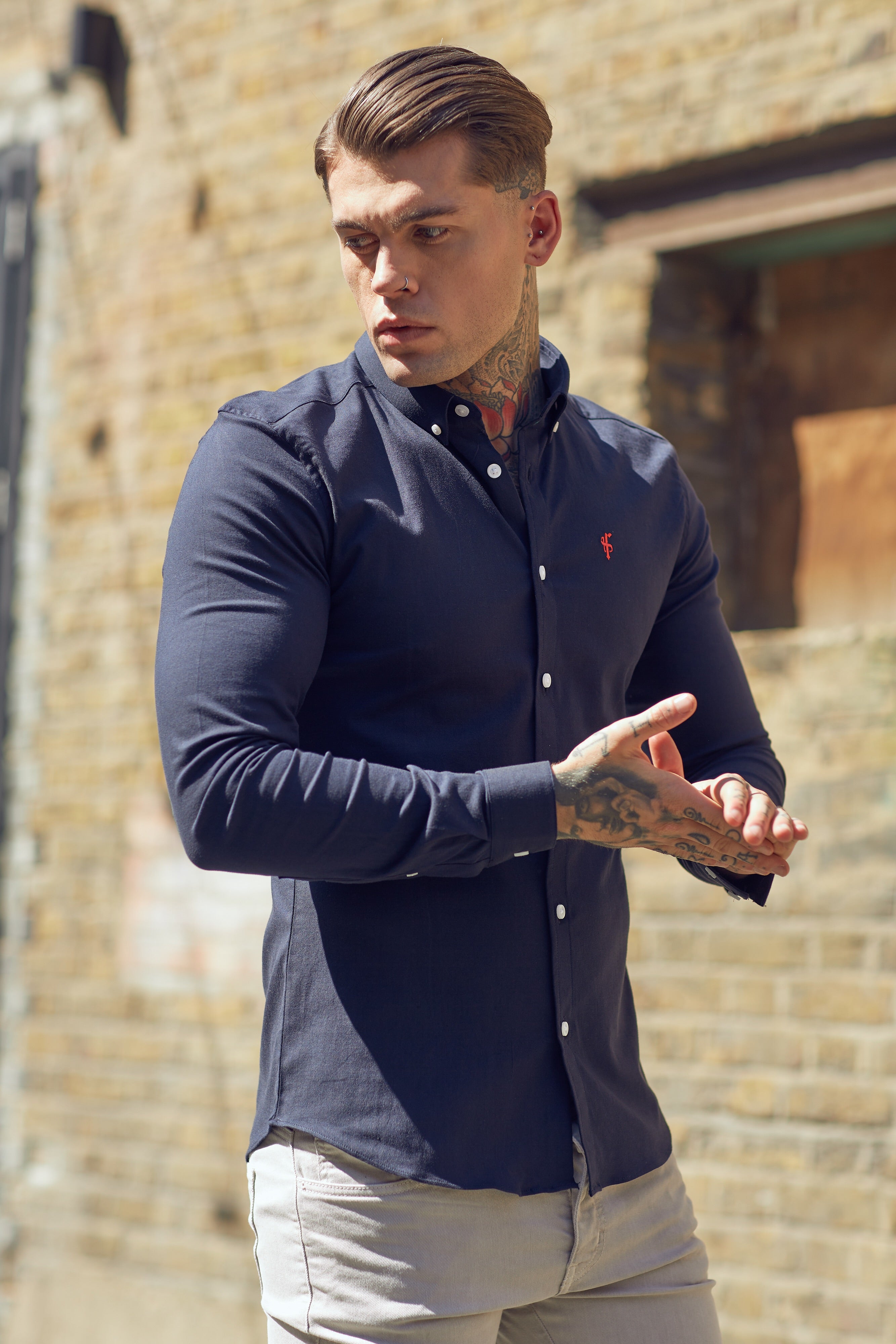 Super Slim Stretch Classic Oxford Navy (Red Emblem) - FS308