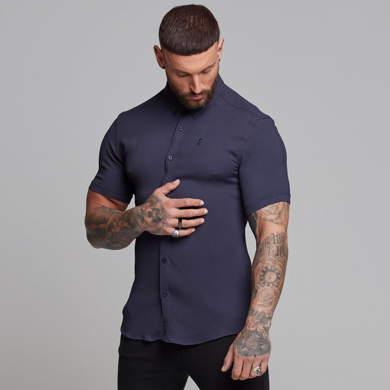 Father Sons Super Slim Stretch Ribbed Navy Short Sleeve - FS442