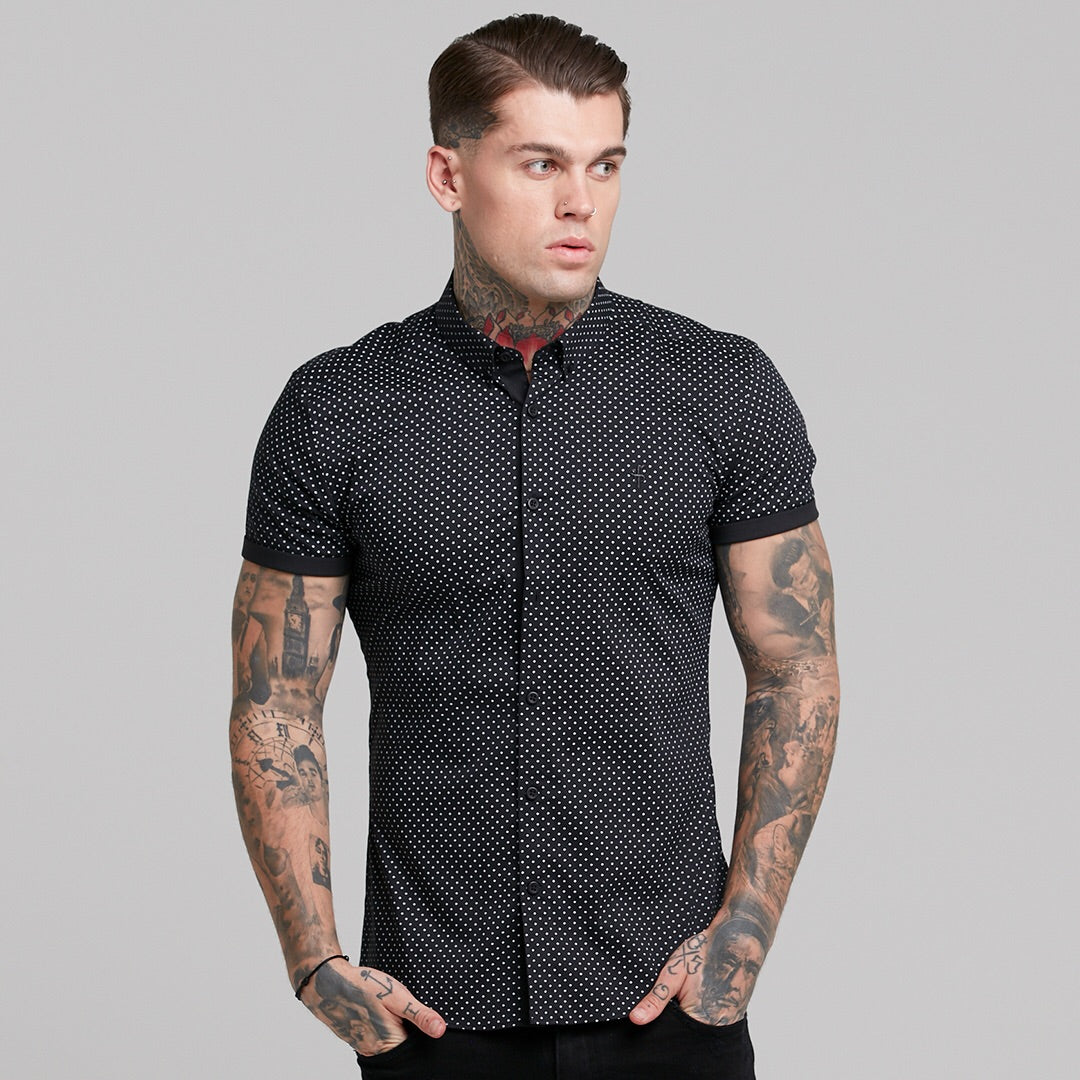 Super Slim Stretch Black & White Ditsy Print Short Sleeve FS412