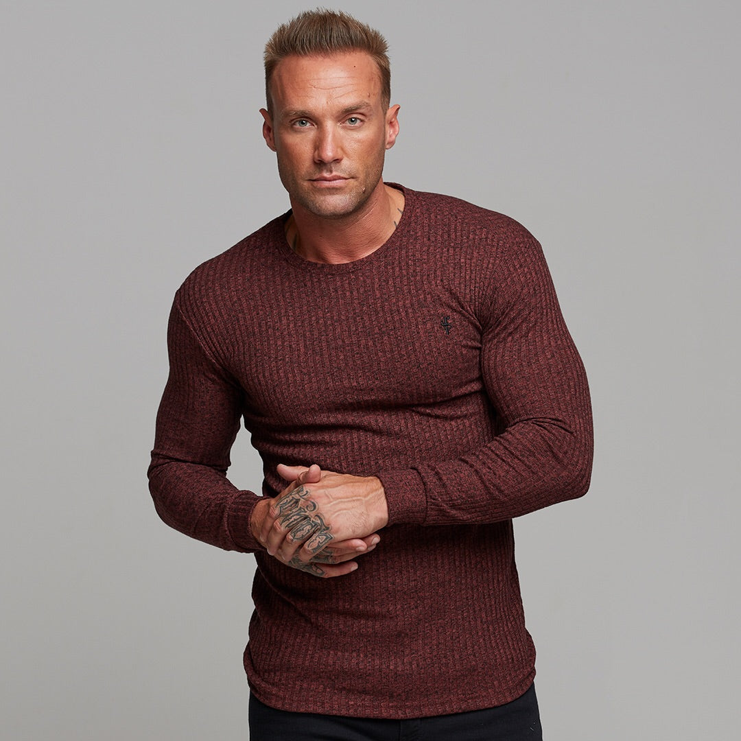 Classic Burgundy Ribbed Knit Super Slim Crew - FSH113