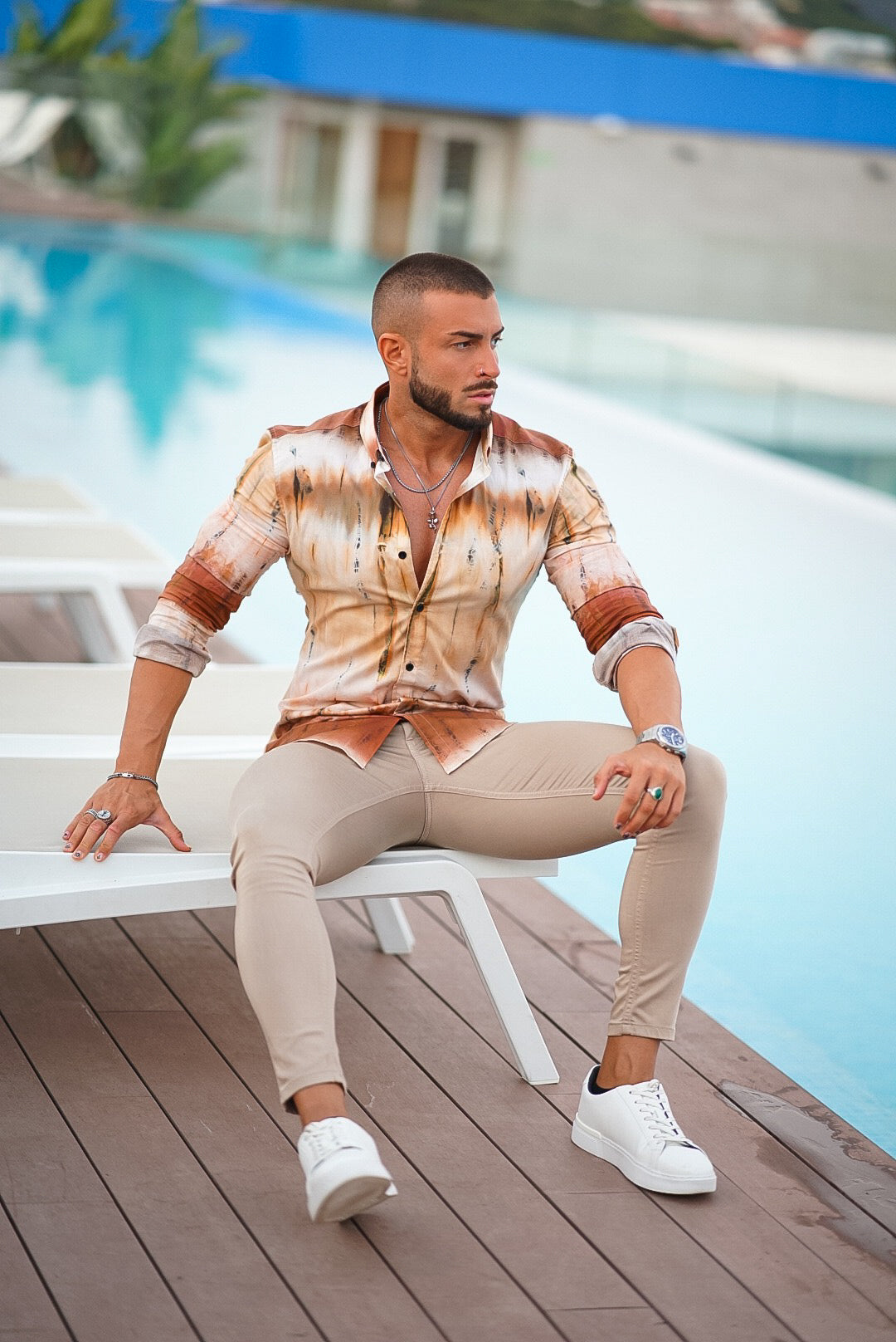 Super Slim Stretch Neutral Tie Dye Print Long Sleeve with Button Down Collar - FS812