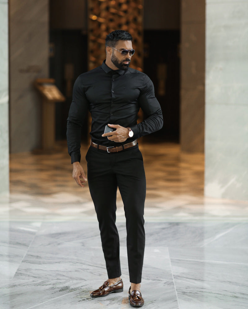 Slim Long-Sleeve Herringbone Shirt - Black, Shirts