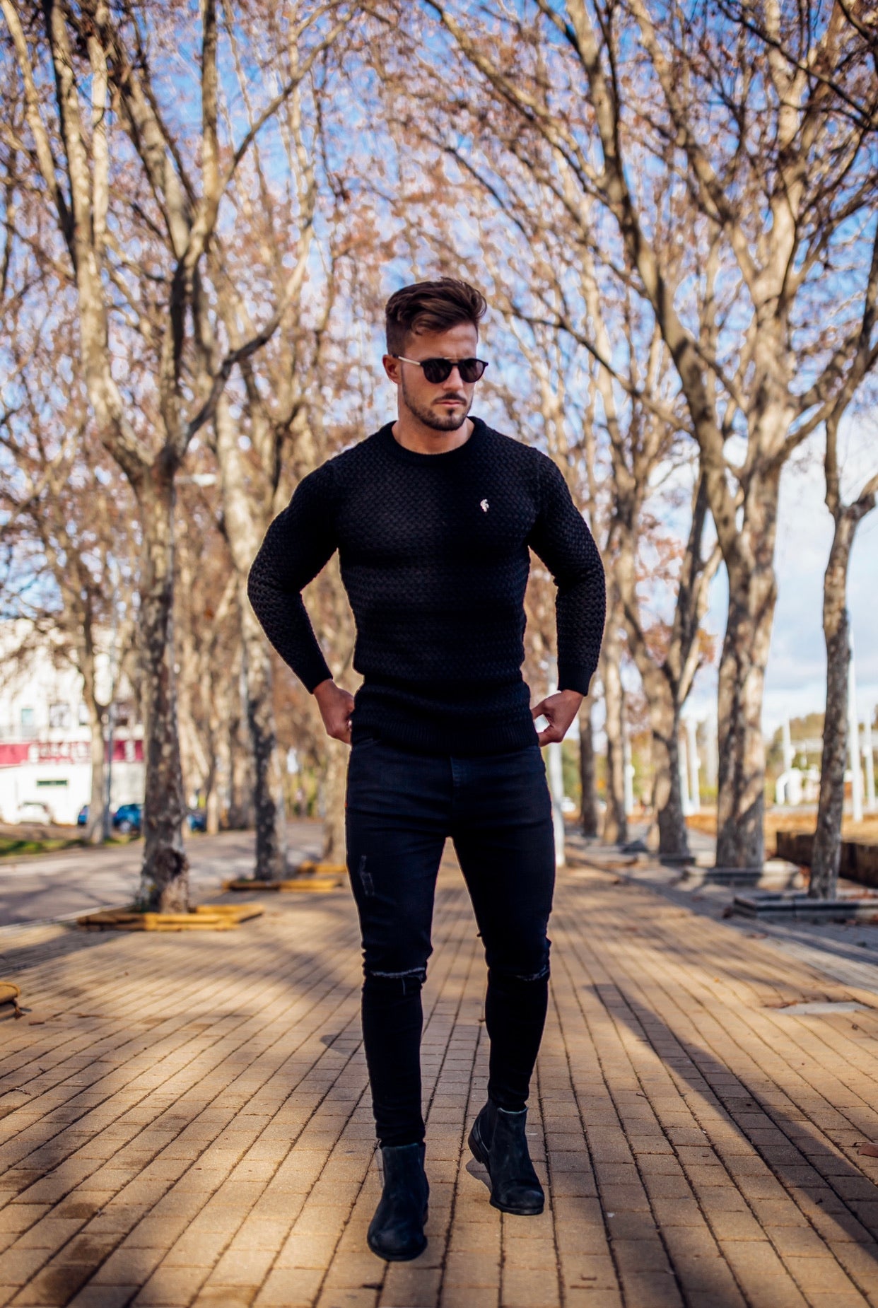 Black Knitted Weave Super Slim Jumper With Metal Decal - FSJ014