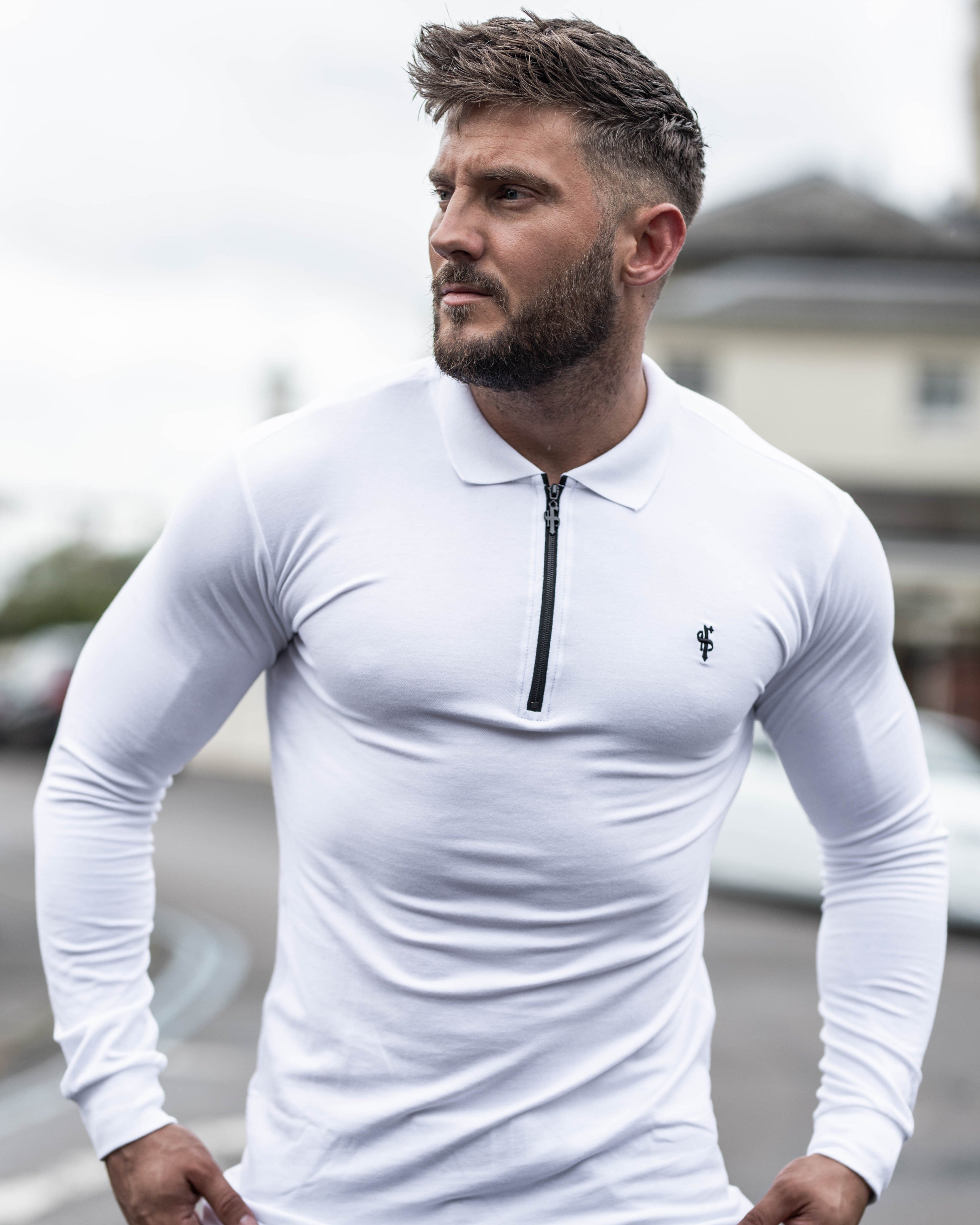 Classic White Zipped Long Sleeve Polo Shirt - FSH300
