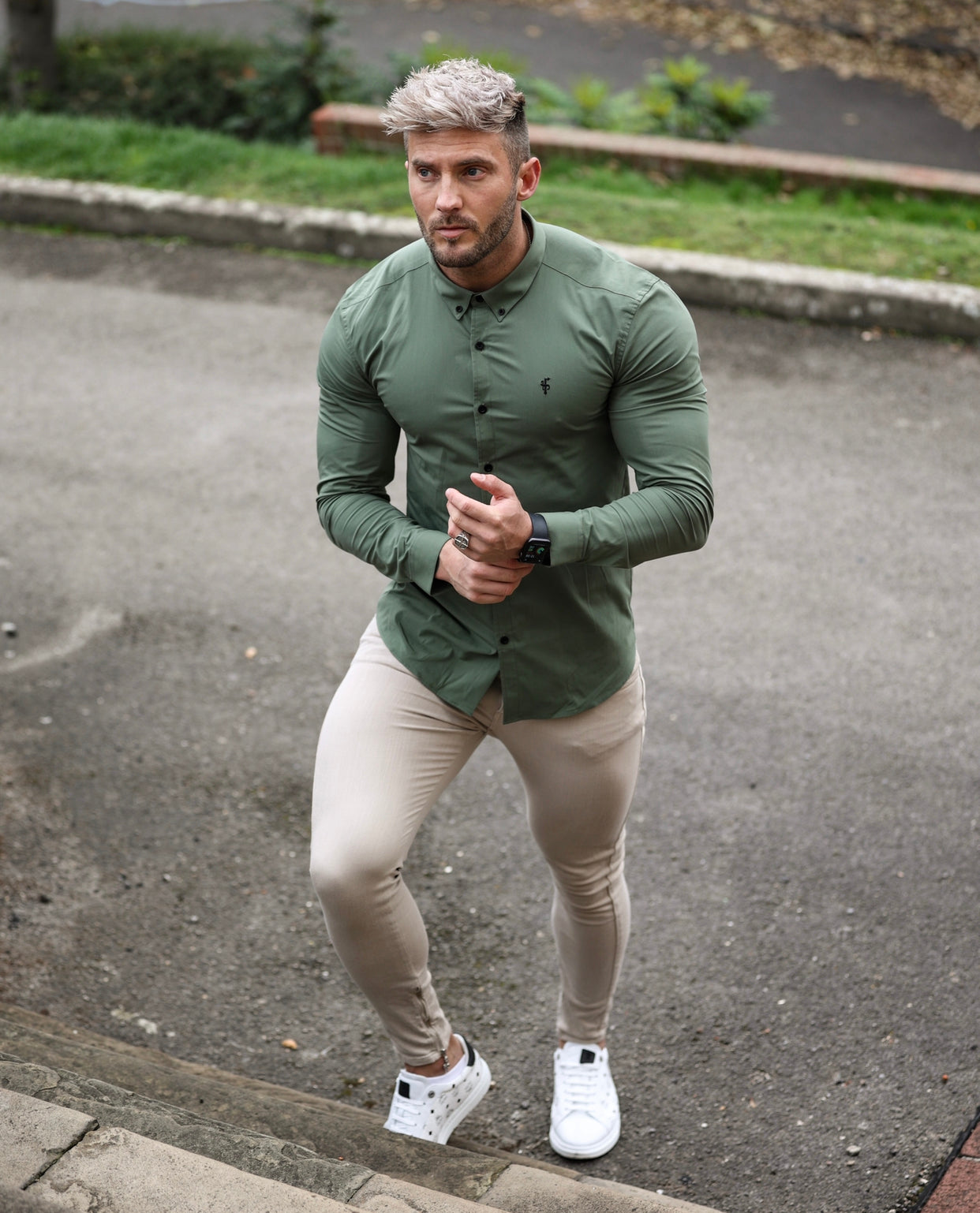 Super Slim Stretch Classic Khaki Long Sleeve With Button Down Collar -  FS819