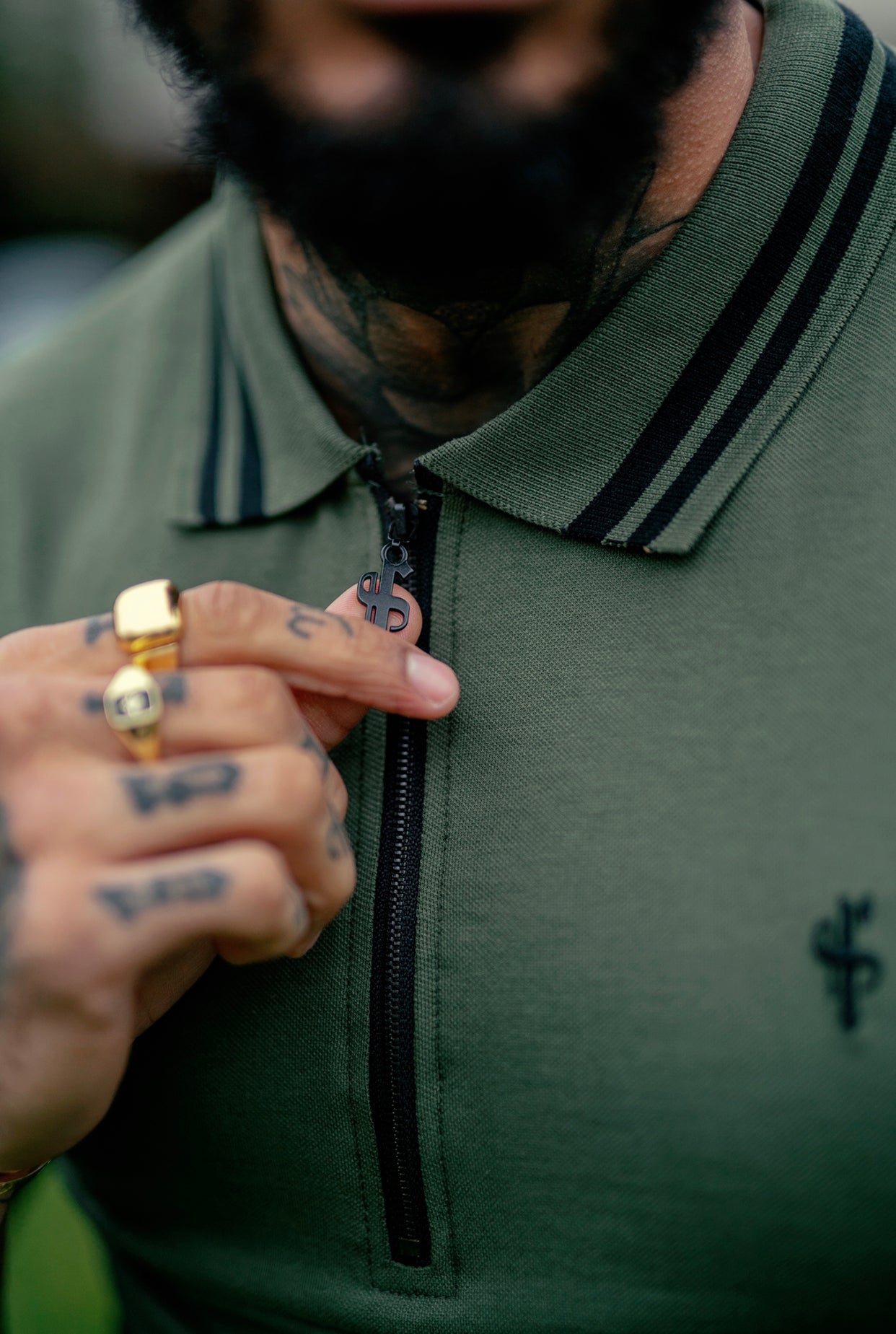 Khaki and Black Collar Contrast Zip Polo - FSH337