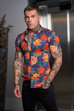 Father Sons Super Slim Stretch Navy and Red Floral Print Short Sleeve with Button Down Collar - FS839