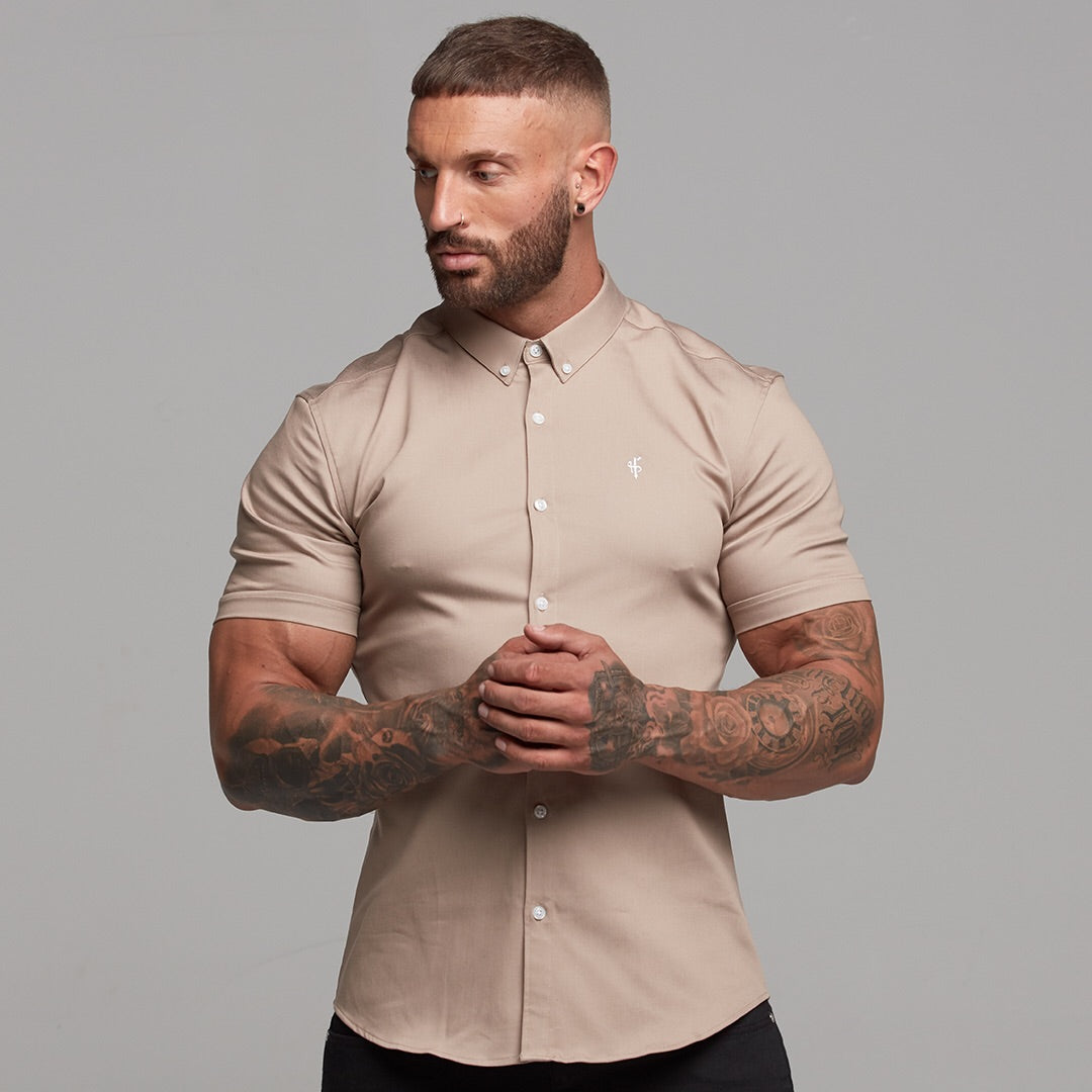 Super Slim Stretch Beige Denim Short Sleeve - FS344