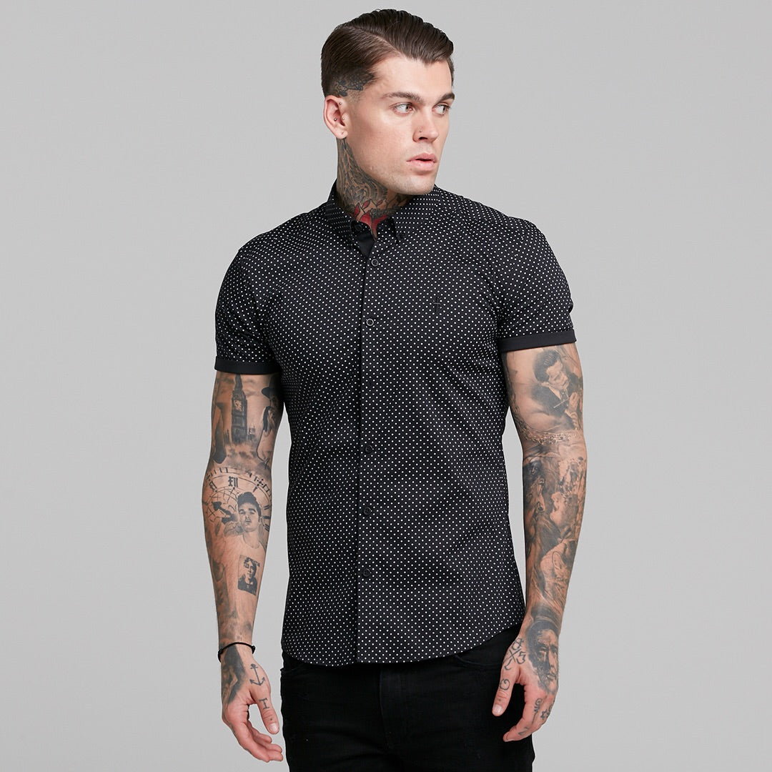 Super Slim Stretch Black & White Ditsy Print Short Sleeve FS412