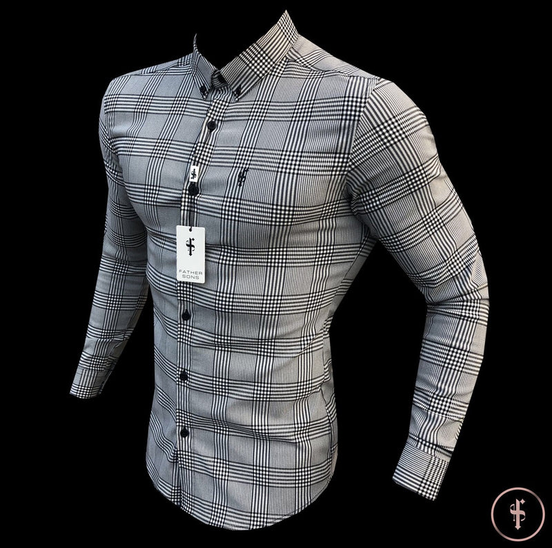 Father Sons Super Slim Stretch Prince Of Wales White and Black Check Long Sleeve - FS517