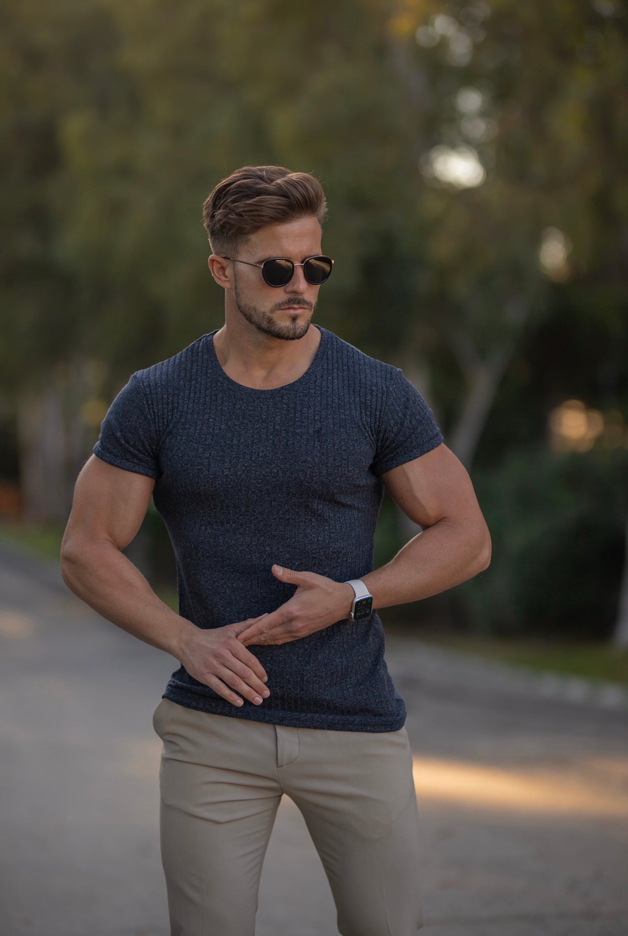 Classic Navy Ribbed Knit Super Slim Short Sleeve Crew With Navy Emblem - FSH555