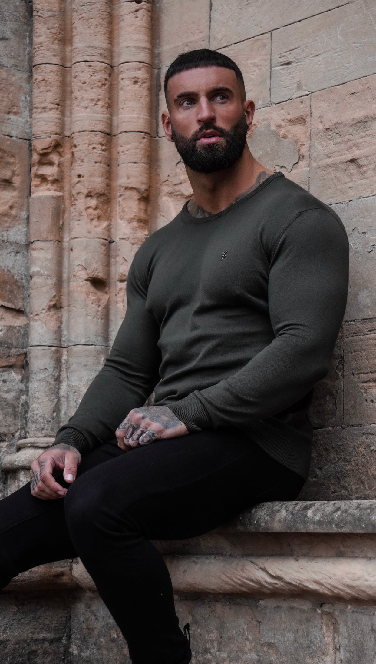 Classic Khaki Crew Neck Knitted Jumper with Gunmetal Emblem - FSH671