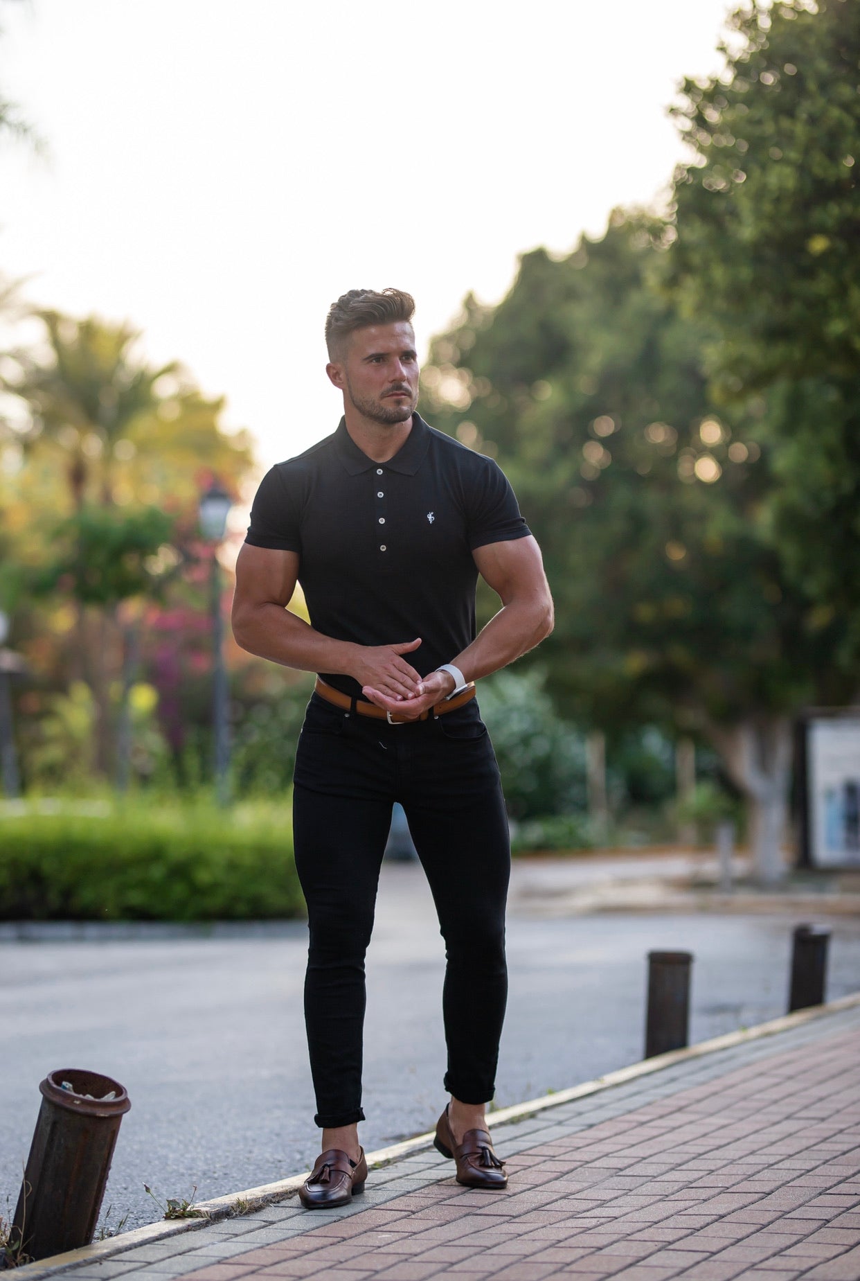 Classic Black Polo Shirt with Silver Metal Emblem Decal & Buttons - FSH459